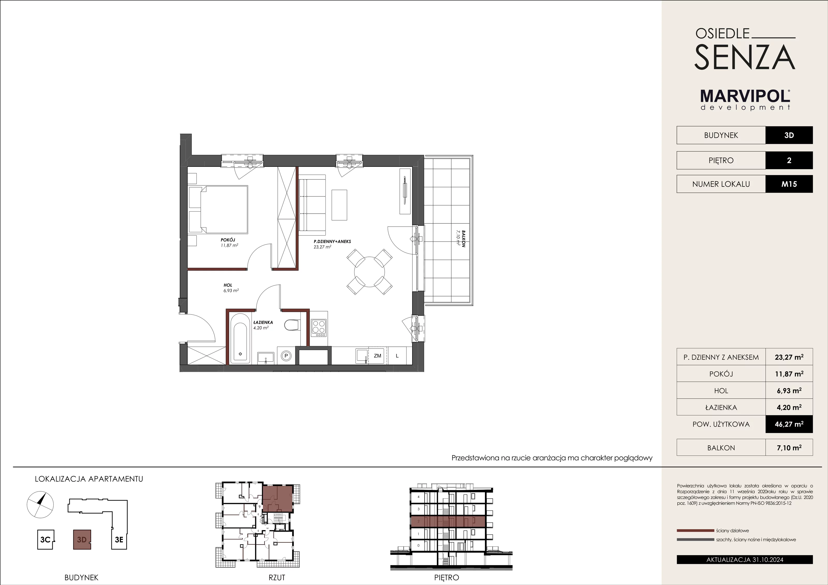 Mieszkanie 46,27 m², piętro 2, oferta nr 3D_M15, Osiedle Senza, Warszawa, Białołęka, Tarchomin, ul. Grzymalitów 3C, 3D, 3E