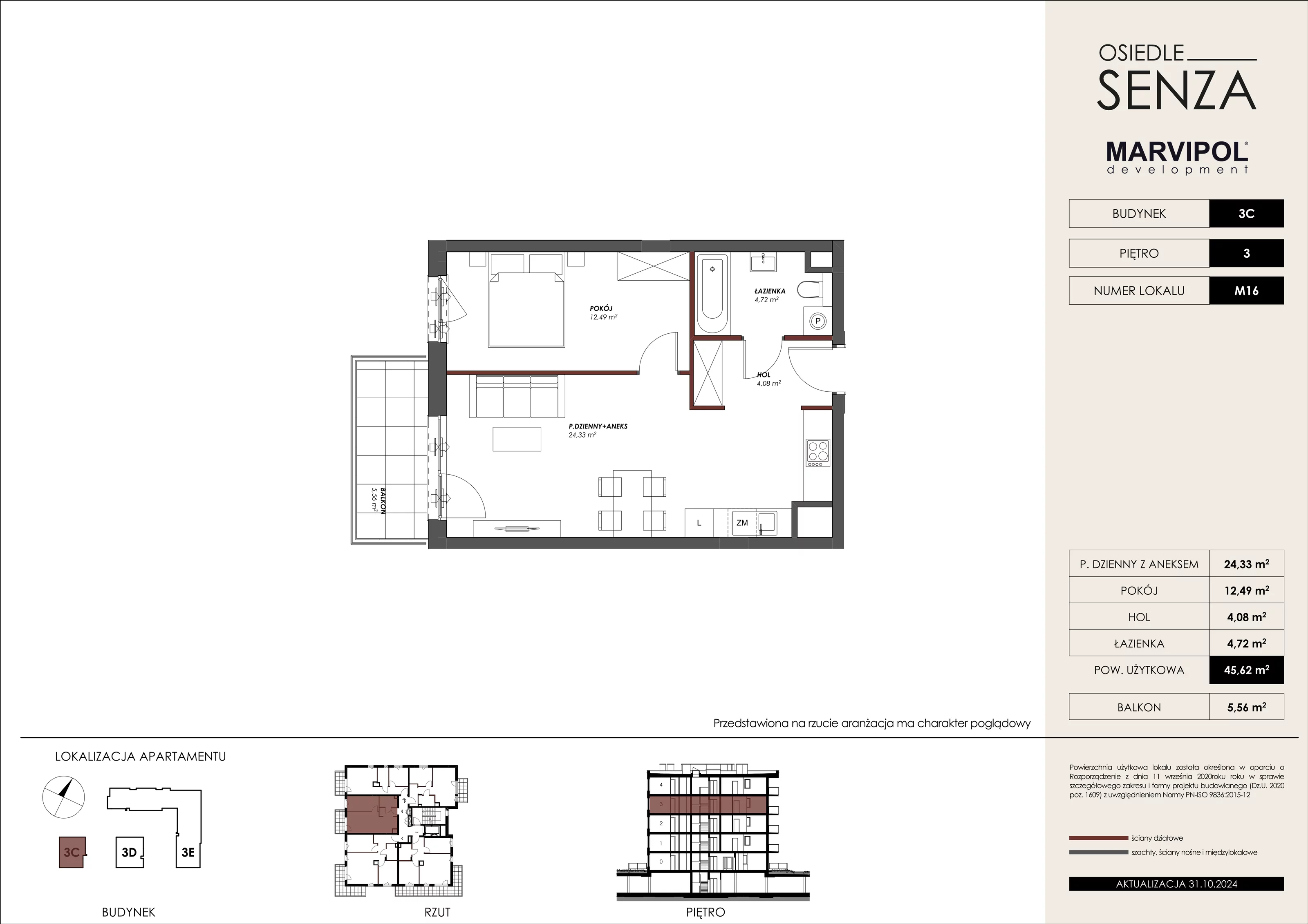 Mieszkanie 45,62 m², piętro 3, oferta nr 3C_M16, Osiedle Senza, Warszawa, Białołęka, Tarchomin, ul. Grzymalitów 3C, 3D, 3E