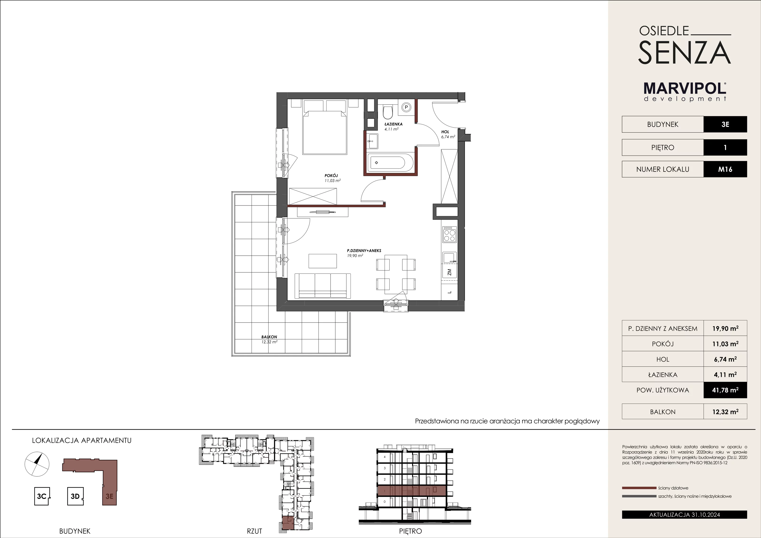 Mieszkanie 41,78 m², piętro 1, oferta nr 3E_M16, Osiedle Senza, Warszawa, Białołęka, Tarchomin, ul. Grzymalitów 3C, 3D, 3E