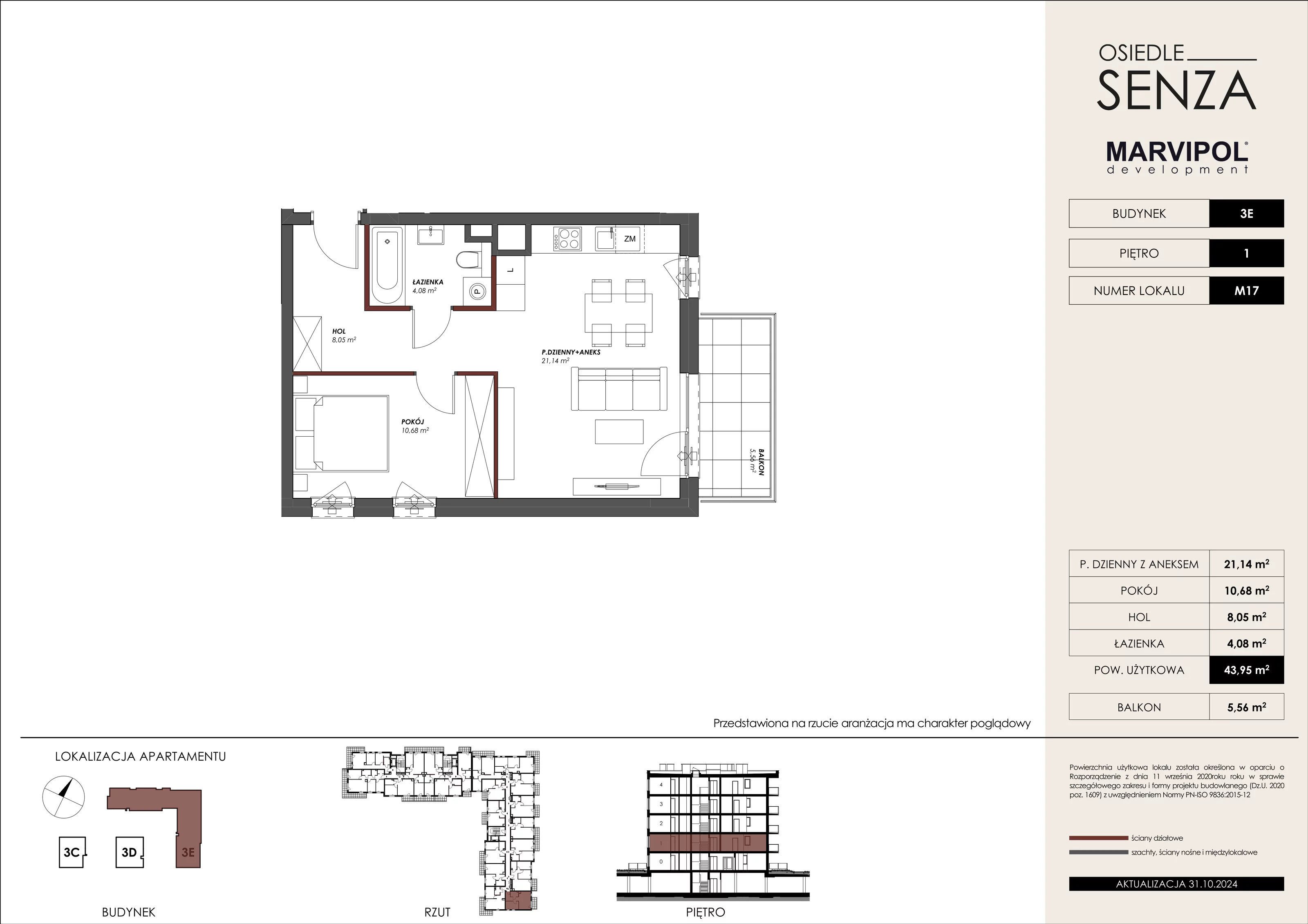 Mieszkanie 43,95 m², piętro 1, oferta nr 3E_M17, Osiedle Senza, Warszawa, Białołęka, Tarchomin, ul. Grzymalitów 3C, 3D, 3E