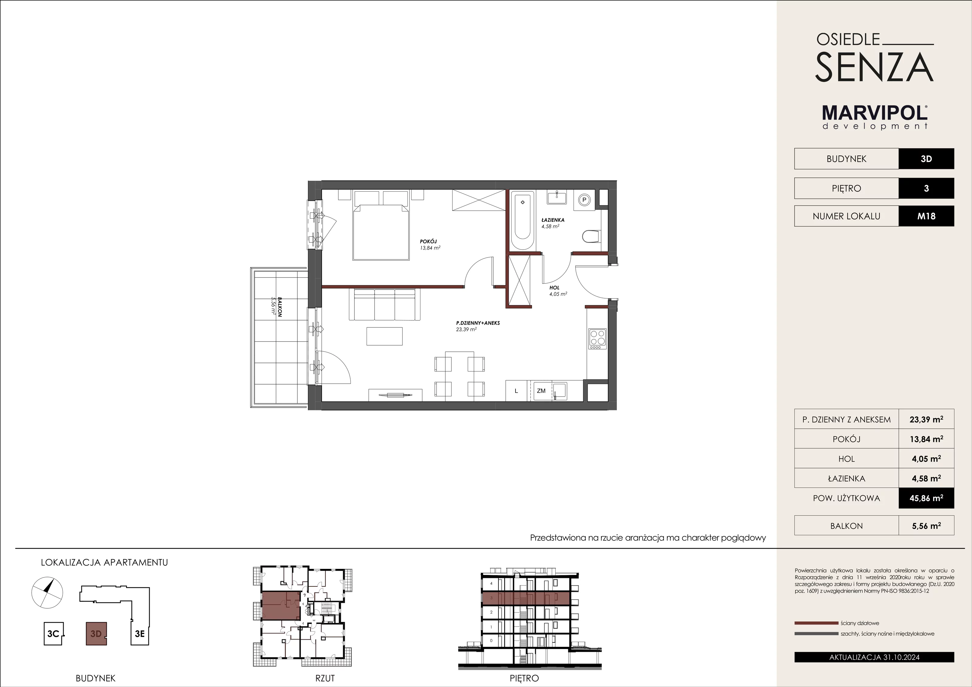 Mieszkanie 45,86 m², piętro 3, oferta nr 3D_M18, Osiedle Senza, Warszawa, Białołęka, Tarchomin, ul. Grzymalitów 3C, 3D, 3E