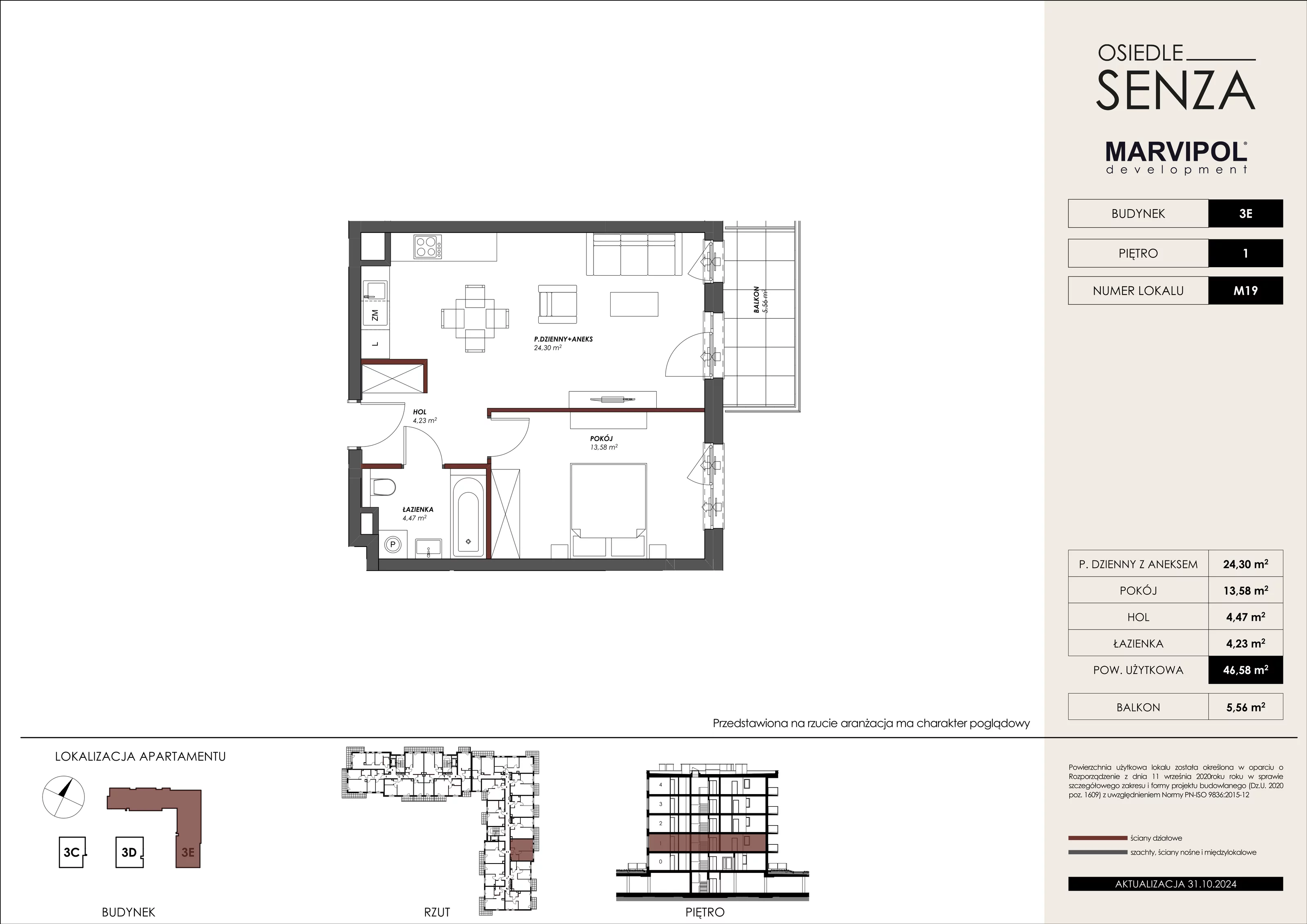 Mieszkanie 46,58 m², piętro 1, oferta nr 3E_M19, Osiedle Senza, Warszawa, Białołęka, Tarchomin, ul. Grzymalitów 3C, 3D, 3E