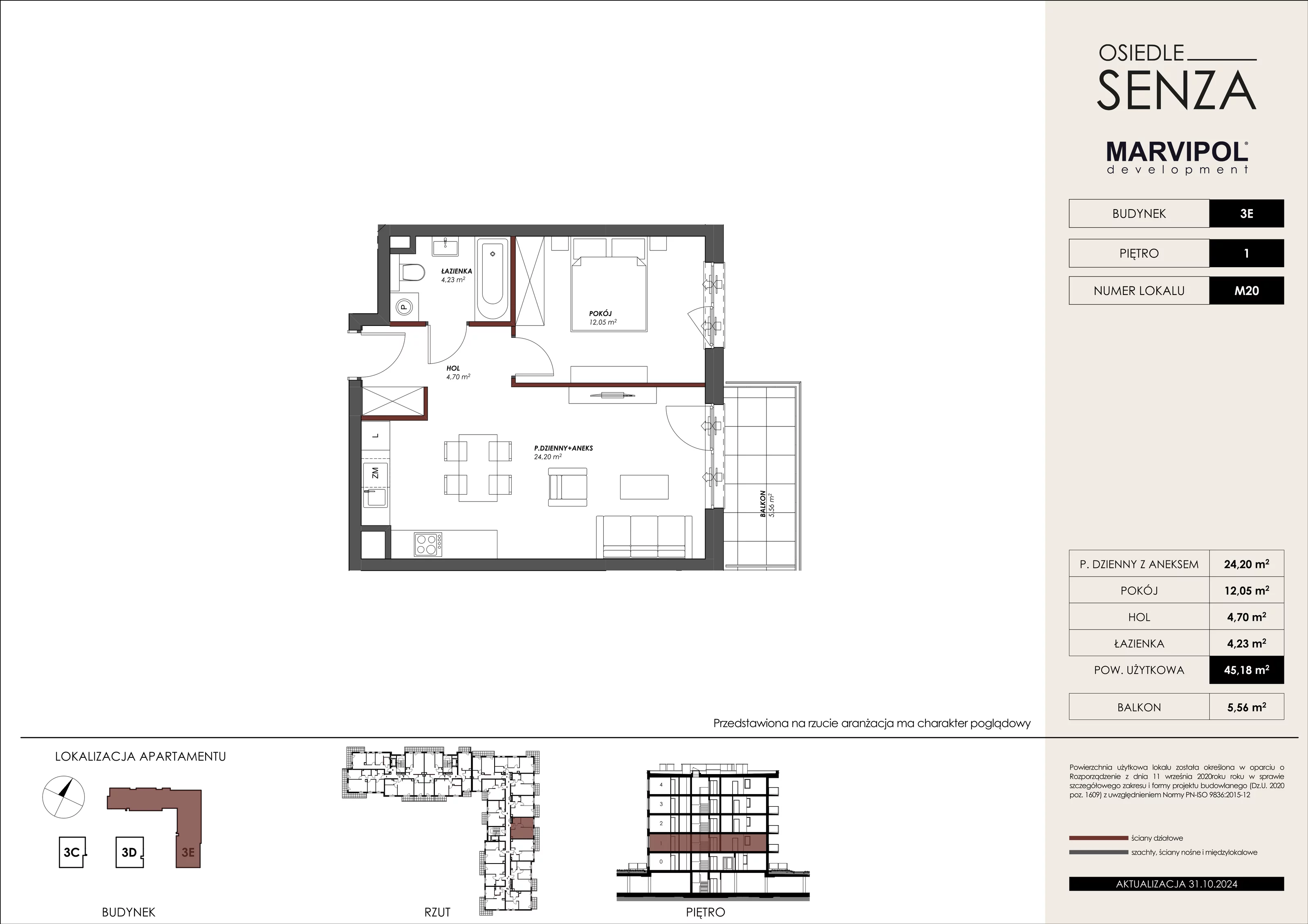 Mieszkanie 45,18 m², piętro 1, oferta nr 3E_M20, Osiedle Senza, Warszawa, Białołęka, Tarchomin, ul. Grzymalitów 3C, 3D, 3E