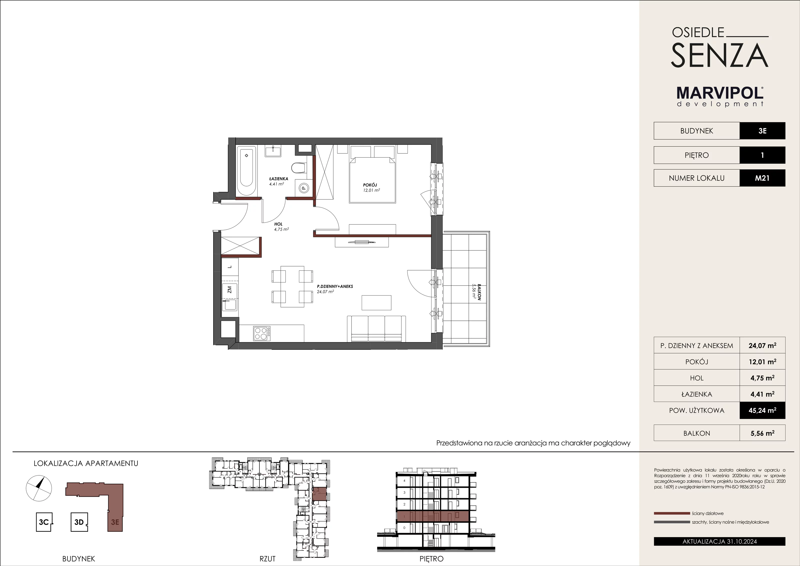 Mieszkanie 45,24 m², piętro 1, oferta nr 3E_M21, Osiedle Senza, Warszawa, Białołęka, Tarchomin, ul. Grzymalitów 3C, 3D, 3E