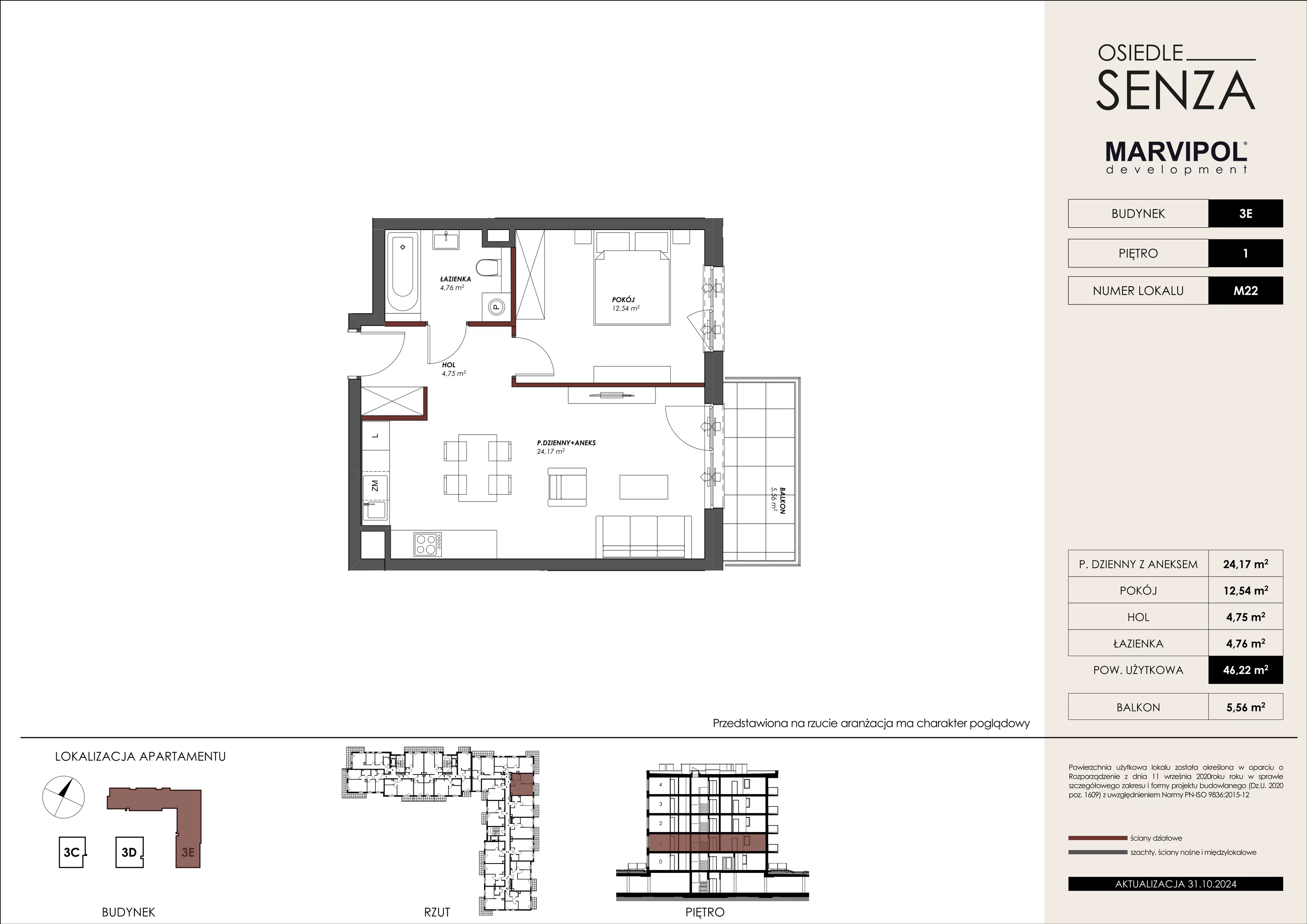 Mieszkanie 46,22 m², piętro 1, oferta nr 3E_M22, Osiedle Senza, Warszawa, Białołęka, Tarchomin, ul. Grzymalitów 3C, 3D, 3E