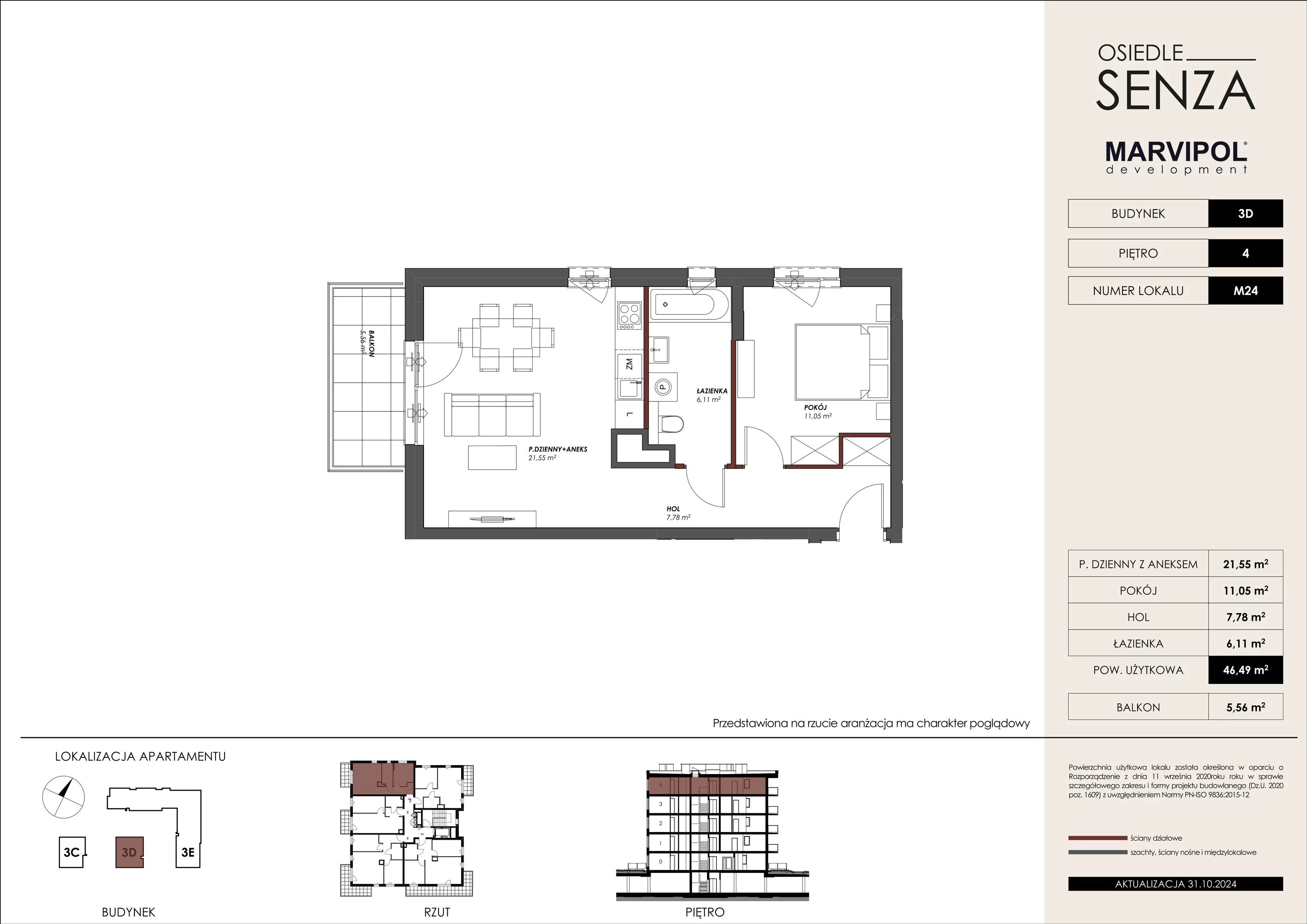 Mieszkanie 46,48 m², piętro 4, oferta nr 3D_M24, Osiedle Senza, Warszawa, Białołęka, Tarchomin, ul. Grzymalitów 3C, 3D, 3E