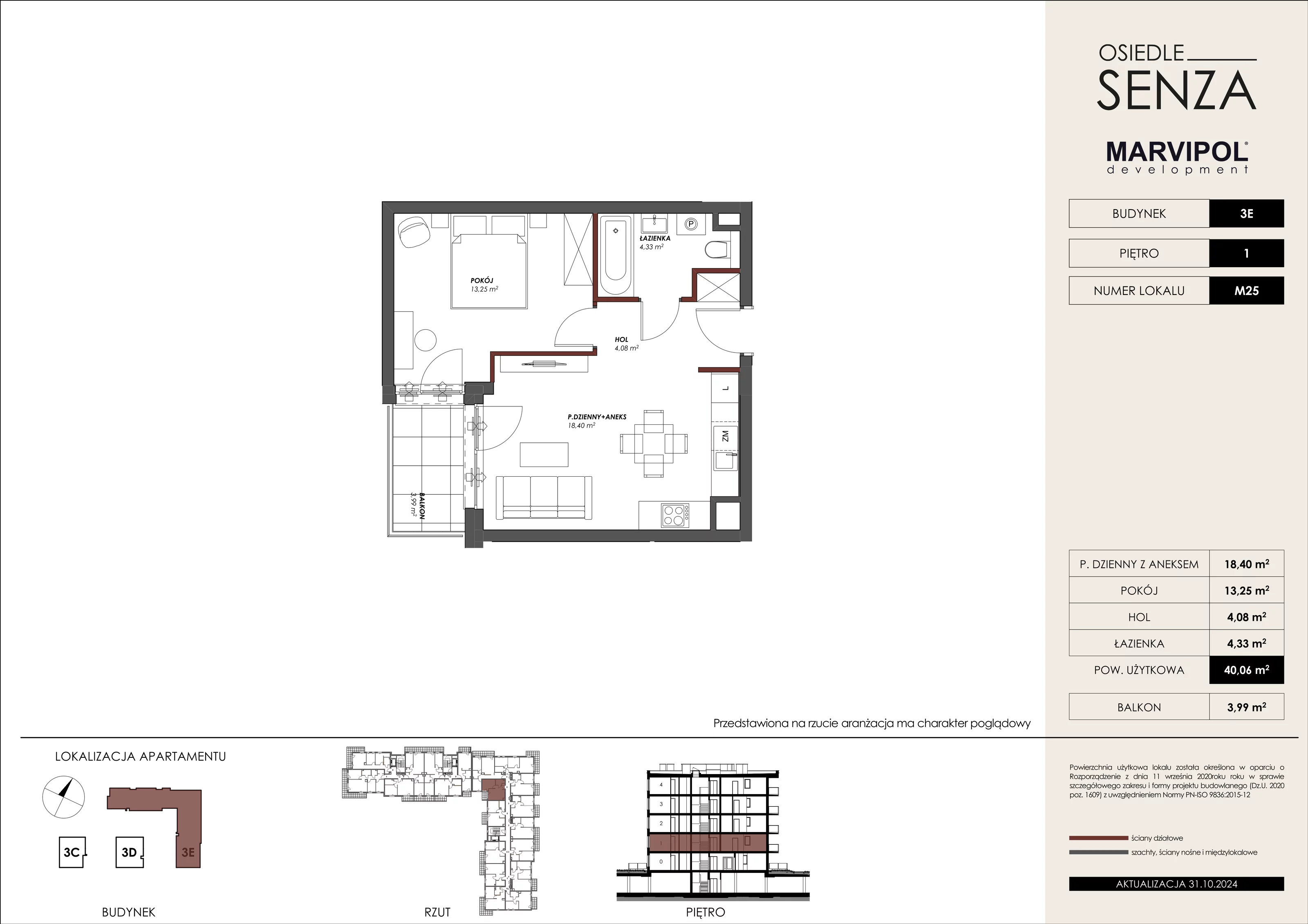 Mieszkanie 40,06 m², piętro 1, oferta nr 3E_M25, Osiedle Senza, Warszawa, Białołęka, Tarchomin, ul. Grzymalitów 3C, 3D, 3E