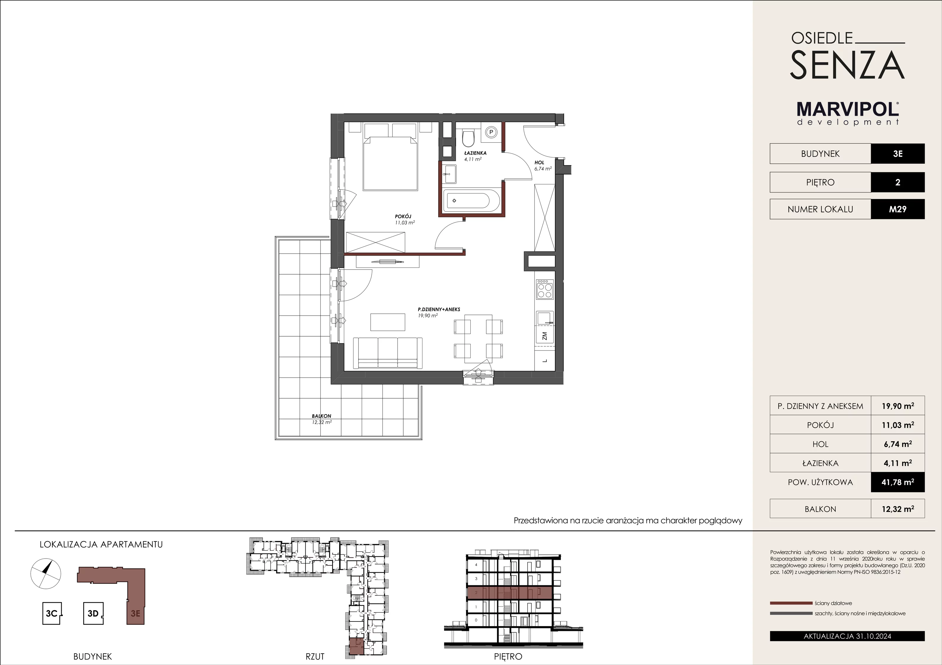 Mieszkanie 41,78 m², piętro 2, oferta nr 3E_M29, Osiedle Senza, Warszawa, Białołęka, Tarchomin, ul. Grzymalitów 3C, 3D, 3E