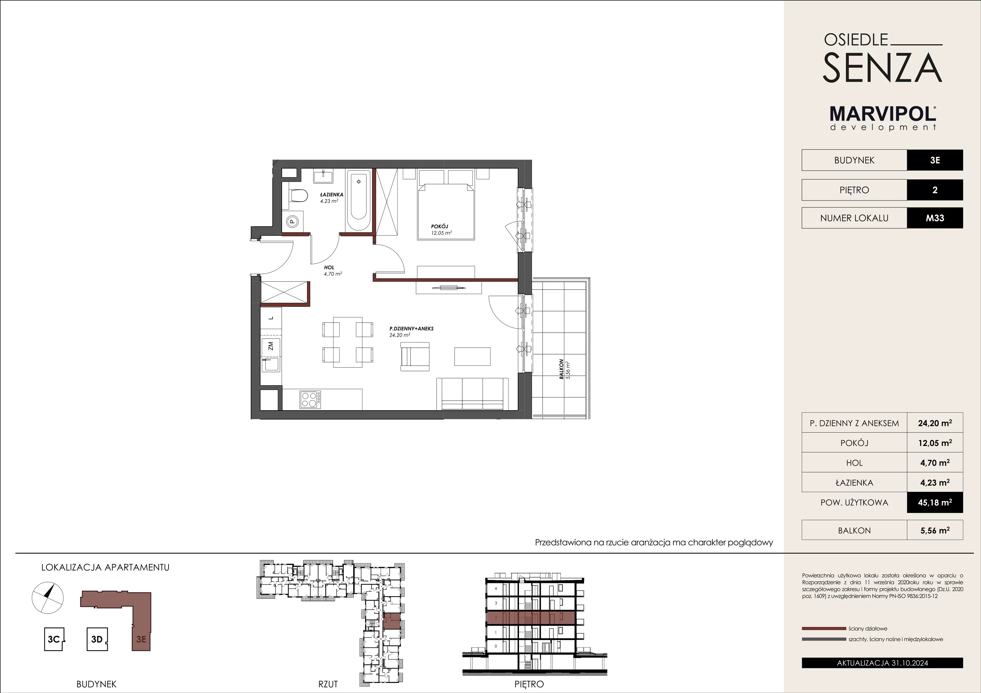 Mieszkanie 45,18 m², piętro 2, oferta nr 3E_M33, Osiedle Senza, Warszawa, Białołęka, Tarchomin, ul. Grzymalitów 3C, 3D, 3E