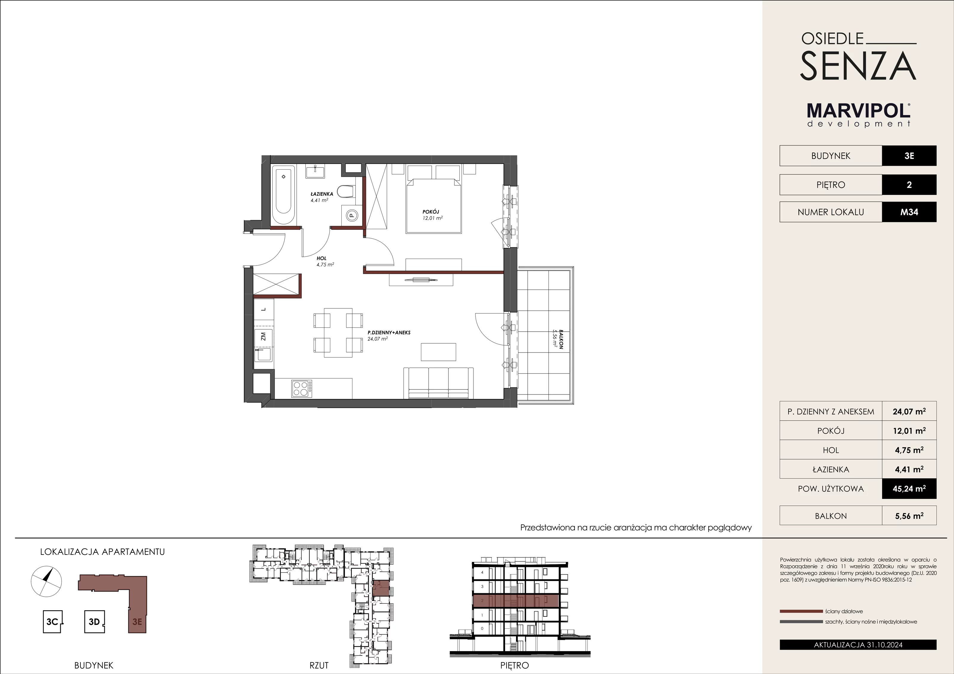 Mieszkanie 45,24 m², piętro 2, oferta nr 3E_M34, Osiedle Senza, Warszawa, Białołęka, Tarchomin, ul. Grzymalitów 3C, 3D, 3E