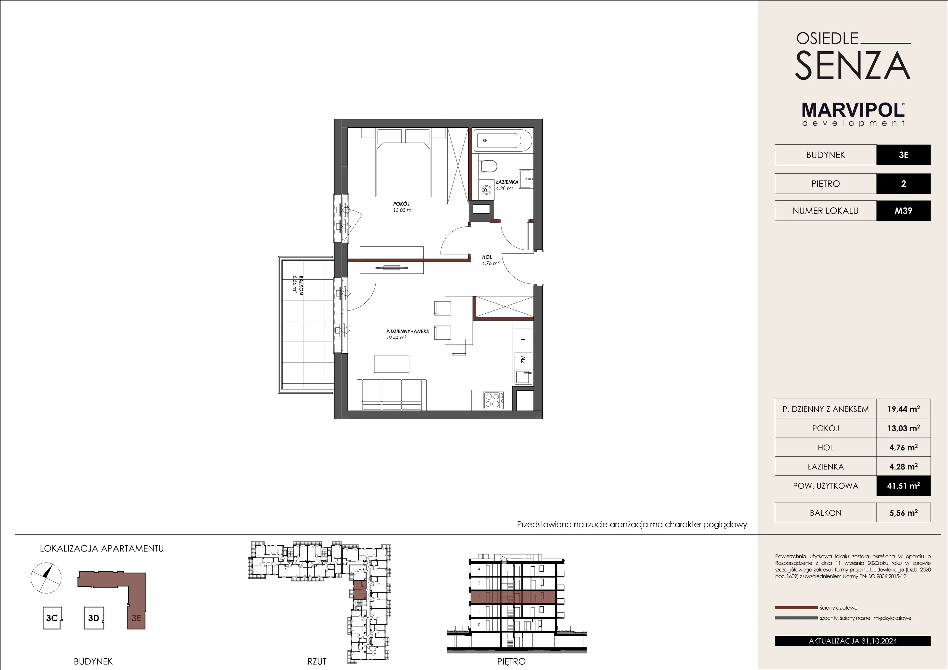 Mieszkanie 41,51 m², piętro 2, oferta nr 3E_M39, Osiedle Senza, Warszawa, Białołęka, Tarchomin, ul. Grzymalitów 3C, 3D, 3E