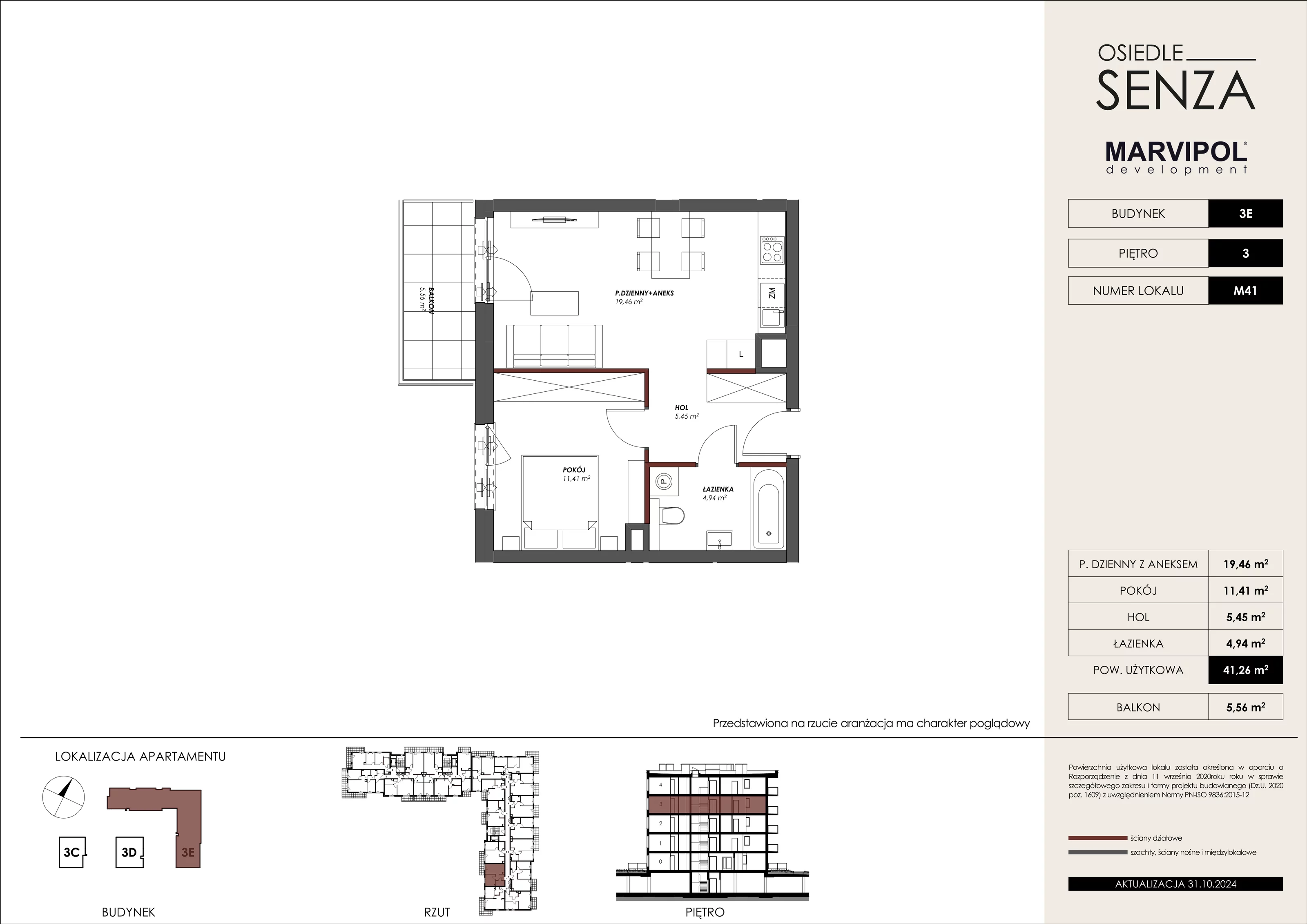 Mieszkanie 41,26 m², piętro 3, oferta nr 3E_M41, Osiedle Senza, Warszawa, Białołęka, Tarchomin, ul. Grzymalitów 3C, 3D, 3E