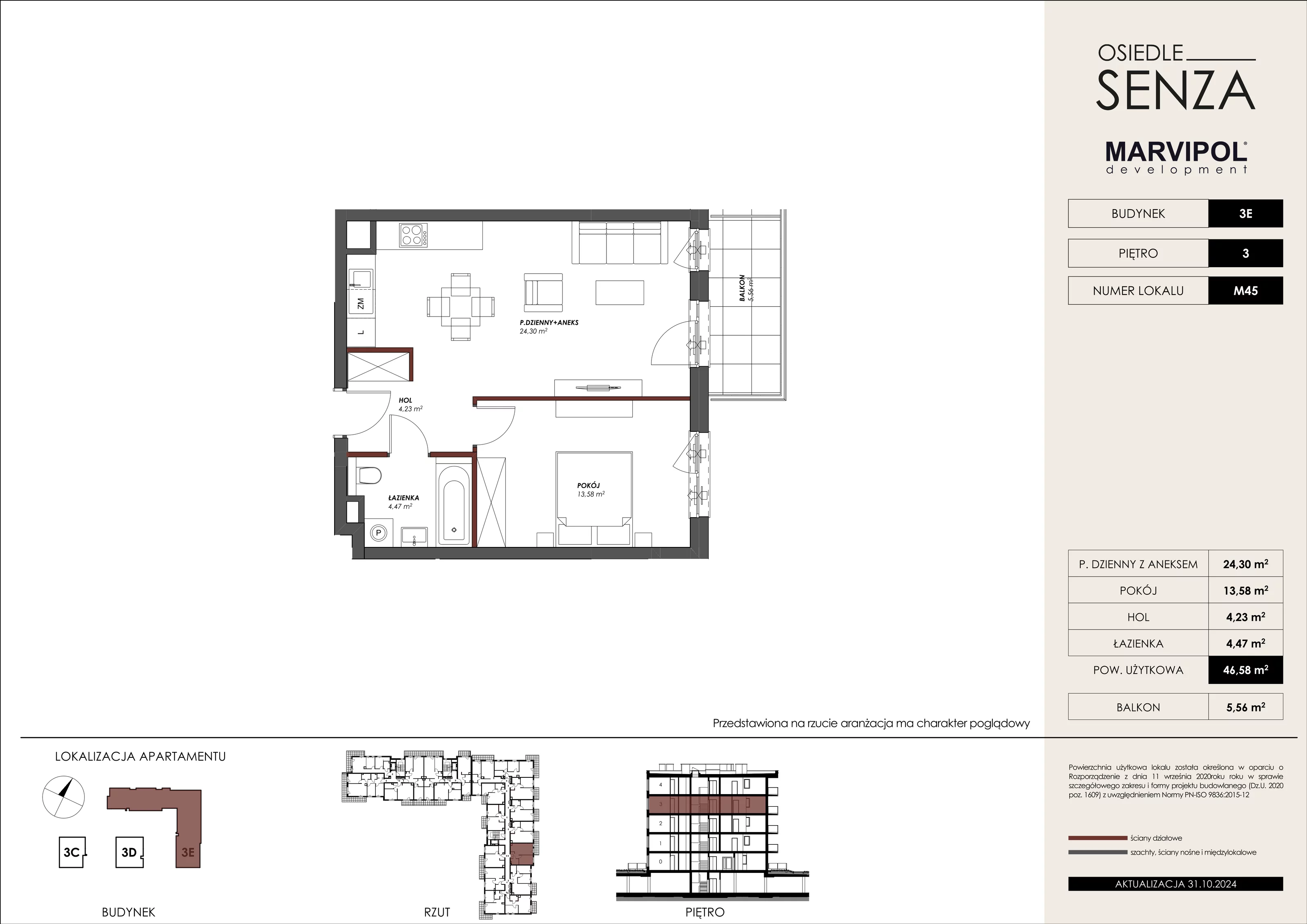 Mieszkanie 46,58 m², piętro 3, oferta nr 3E_M45, Osiedle Senza, Warszawa, Białołęka, Tarchomin, ul. Grzymalitów 3C, 3D, 3E