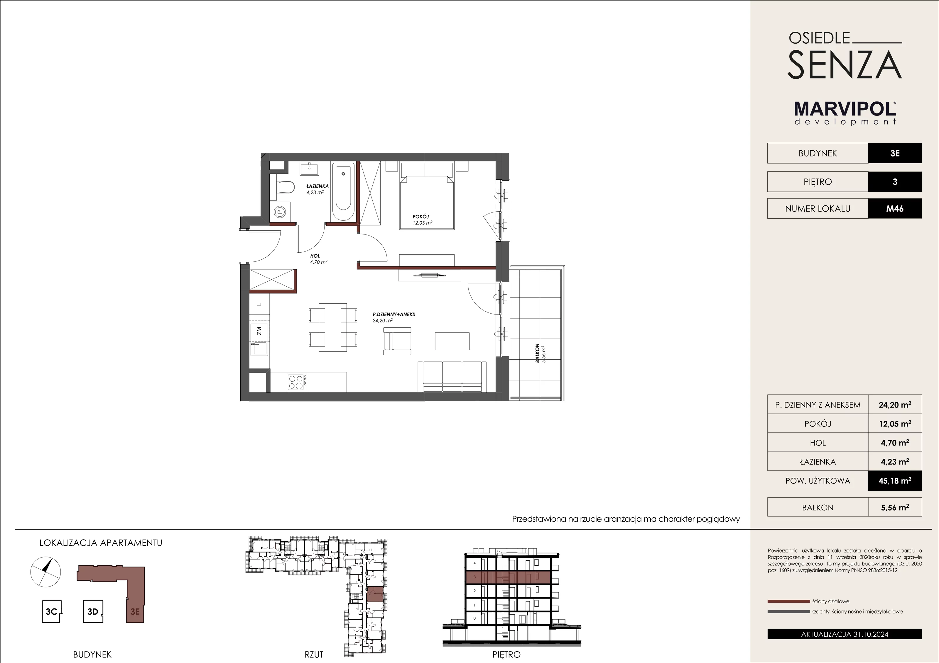 Mieszkanie 45,18 m², piętro 3, oferta nr 3E_M46, Osiedle Senza, Warszawa, Białołęka, Tarchomin, ul. Grzymalitów 3C, 3D, 3E