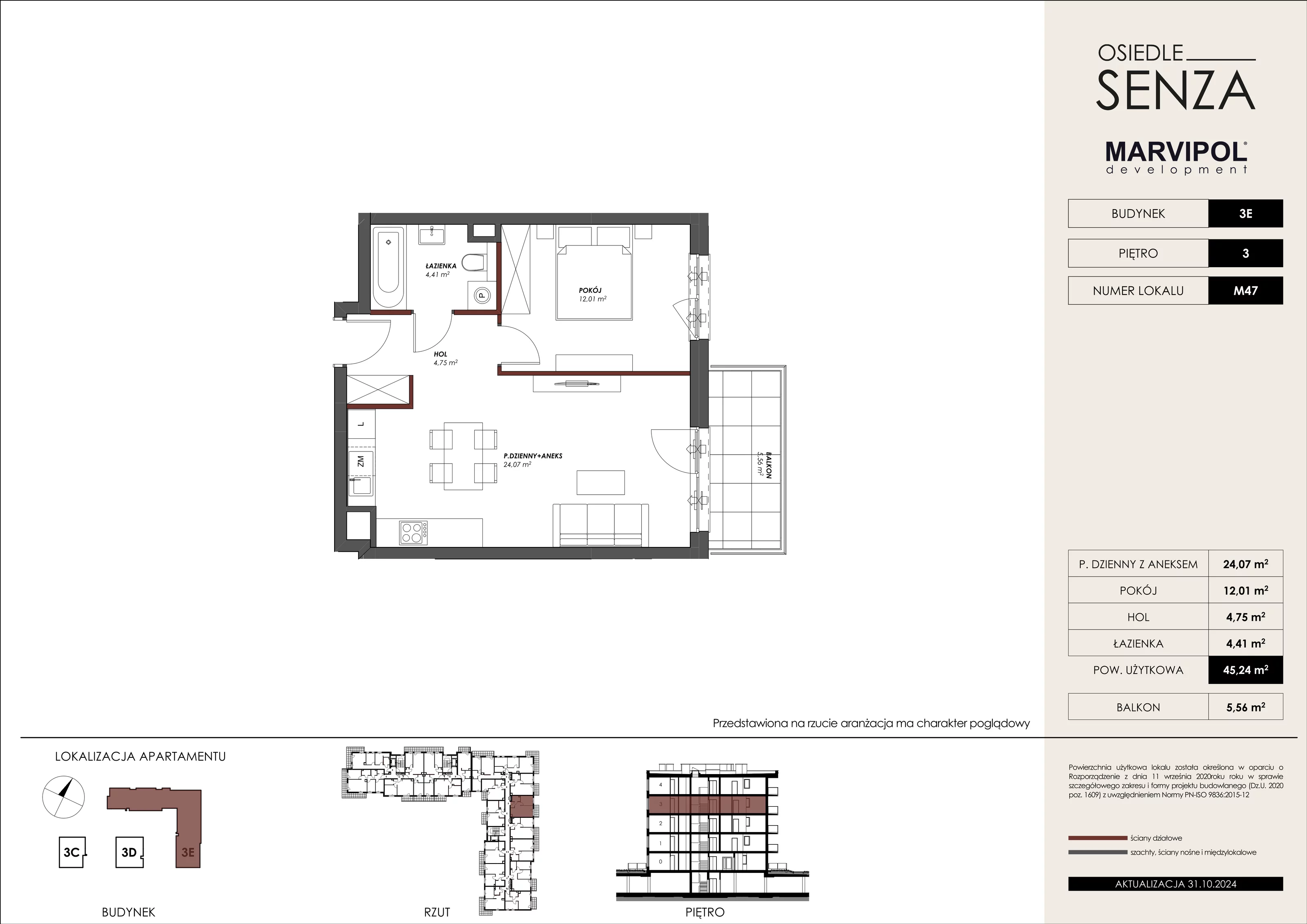 Mieszkanie 45,24 m², piętro 3, oferta nr 3E_M47, Osiedle Senza, Warszawa, Białołęka, Tarchomin, ul. Grzymalitów 3C, 3D, 3E