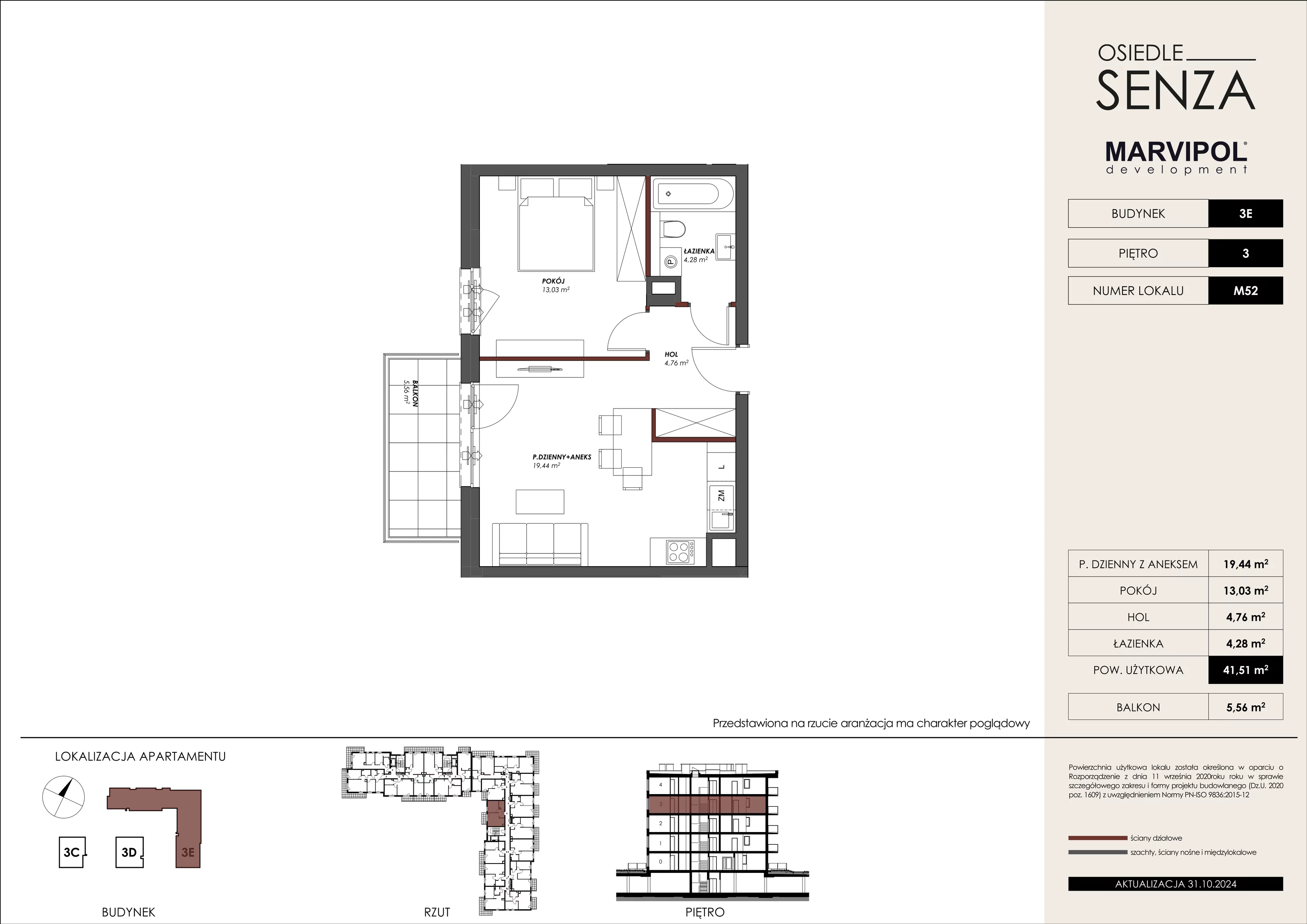 Mieszkanie 41,51 m², piętro 3, oferta nr 3E_M52, Osiedle Senza, Warszawa, Białołęka, Tarchomin, ul. Grzymalitów 3C, 3D, 3E