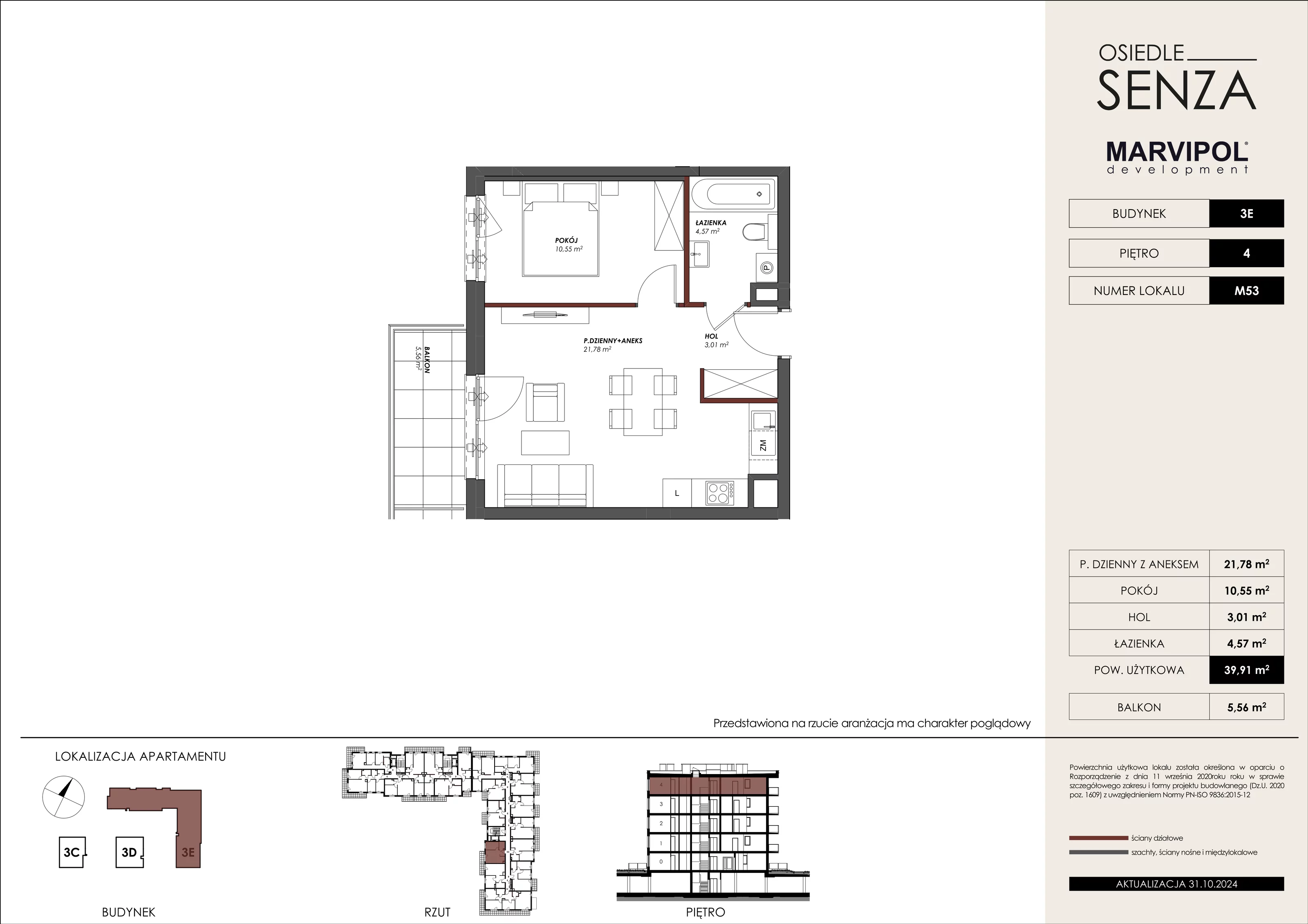 Mieszkanie 39,91 m², piętro 4, oferta nr 3E_M53, Osiedle Senza, Warszawa, Białołęka, Tarchomin, ul. Grzymalitów 3C, 3D, 3E