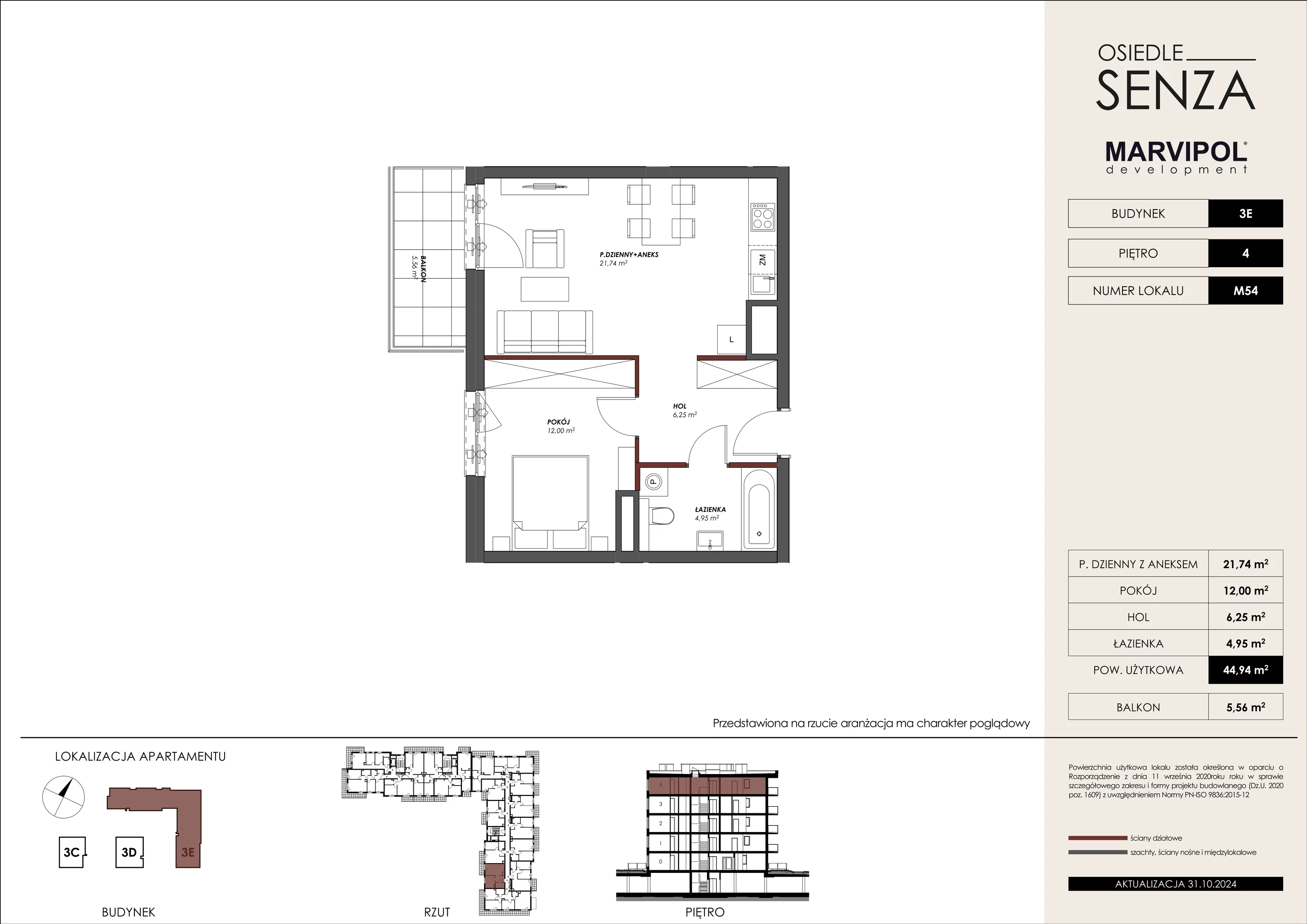 Mieszkanie 44,94 m², piętro 4, oferta nr 3E_M54, Osiedle Senza, Warszawa, Białołęka, Tarchomin, ul. Grzymalitów 3C, 3D, 3E