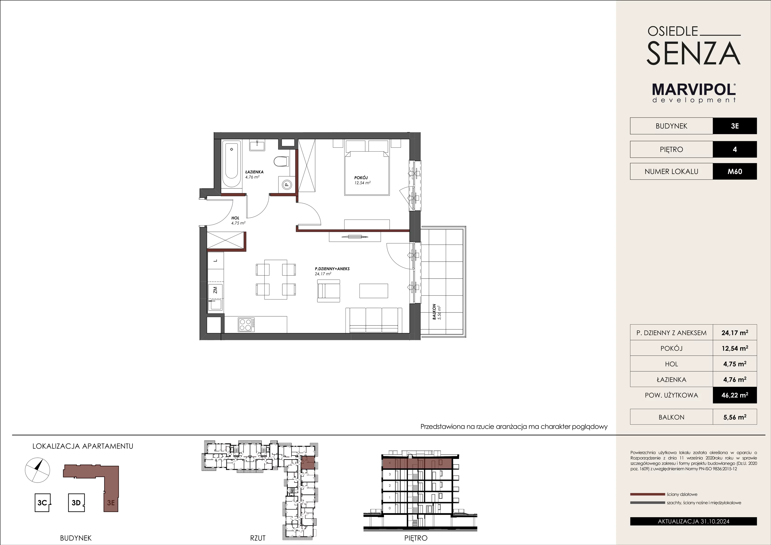 Mieszkanie 46,22 m², piętro 4, oferta nr 3E_M60, Osiedle Senza, Warszawa, Białołęka, Tarchomin, ul. Grzymalitów 3C, 3D, 3E