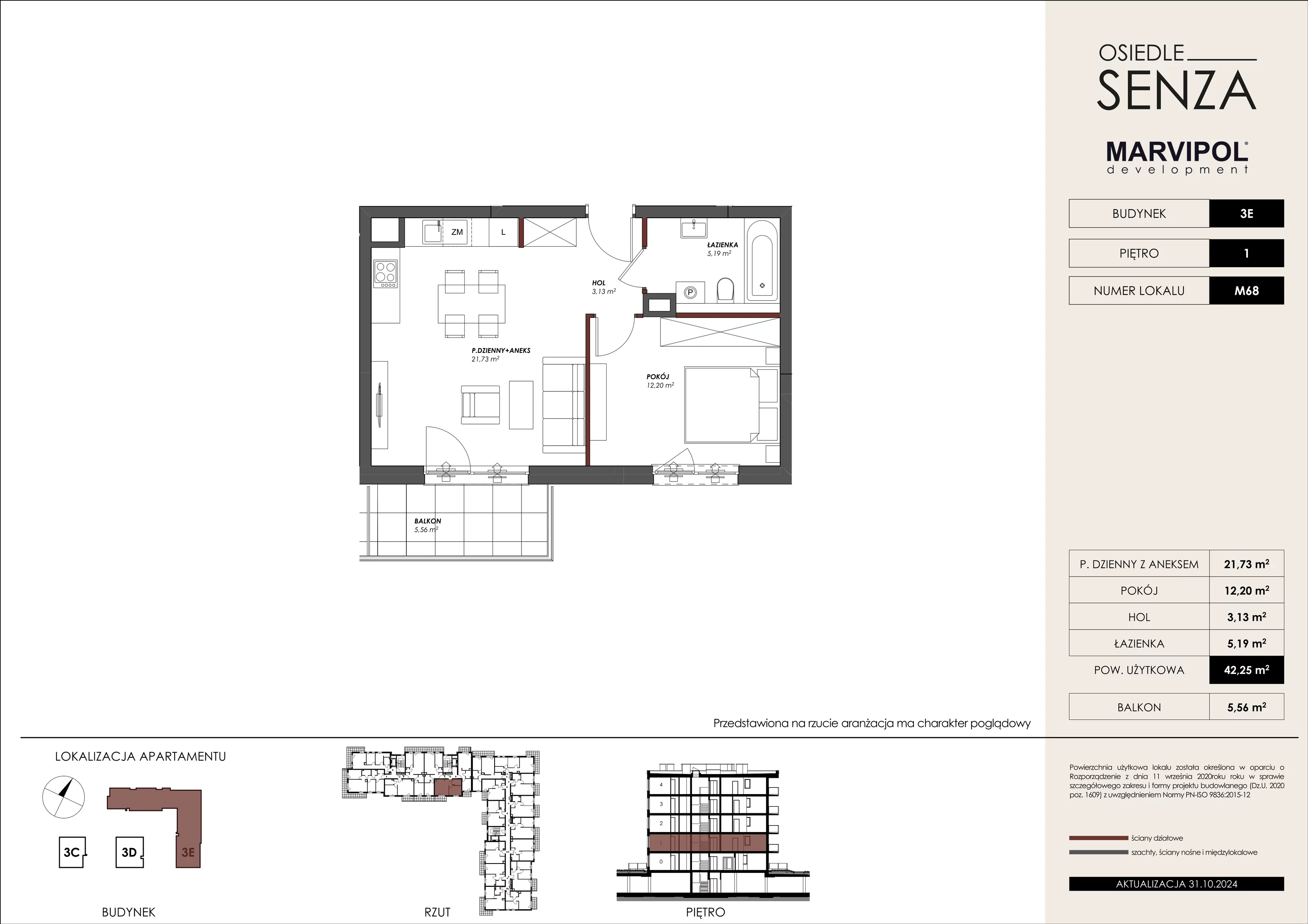 Mieszkanie 42,25 m², piętro 1, oferta nr 3E_M68, Osiedle Senza, Warszawa, Białołęka, Tarchomin, ul. Grzymalitów 3C, 3D, 3E