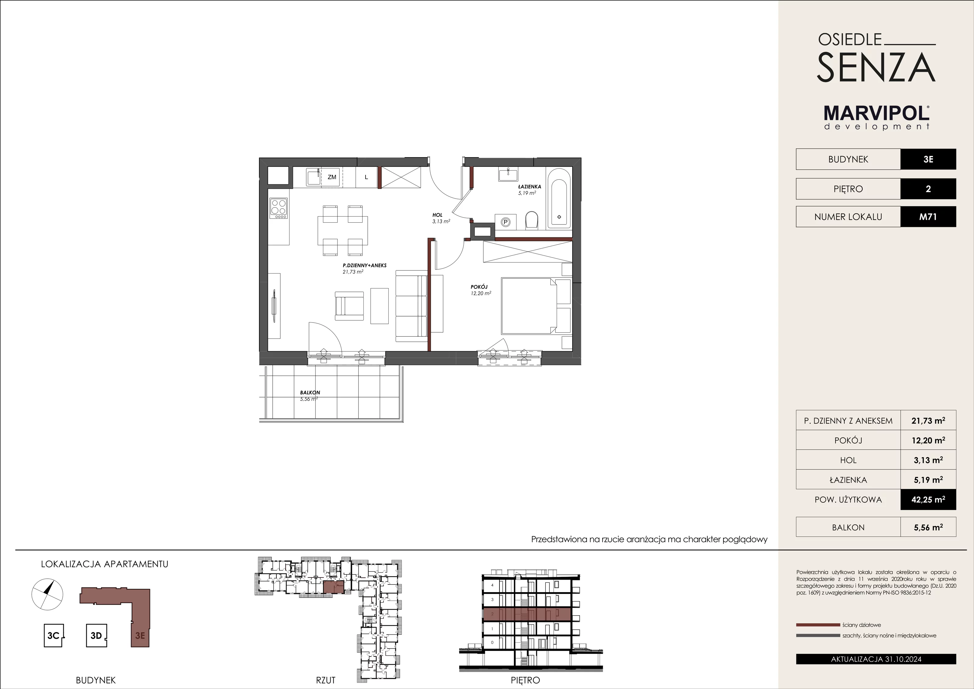 Mieszkanie 42,25 m², piętro 2, oferta nr 3E_M71, Osiedle Senza, Warszawa, Białołęka, Tarchomin, ul. Grzymalitów 3C, 3D, 3E