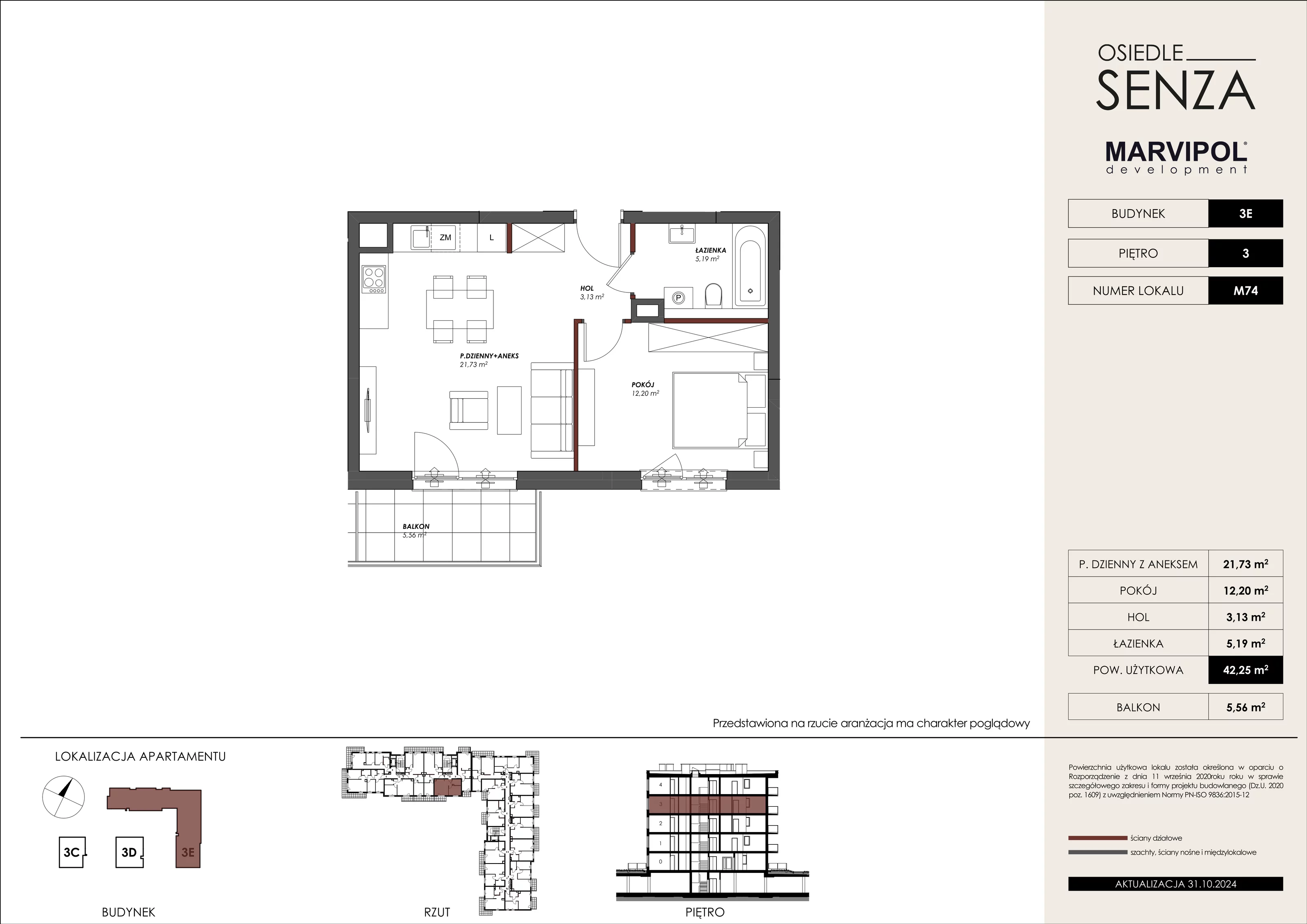 Mieszkanie 42,25 m², piętro 3, oferta nr 3E_M74, Osiedle Senza, Warszawa, Białołęka, Tarchomin, ul. Grzymalitów 3C, 3D, 3E