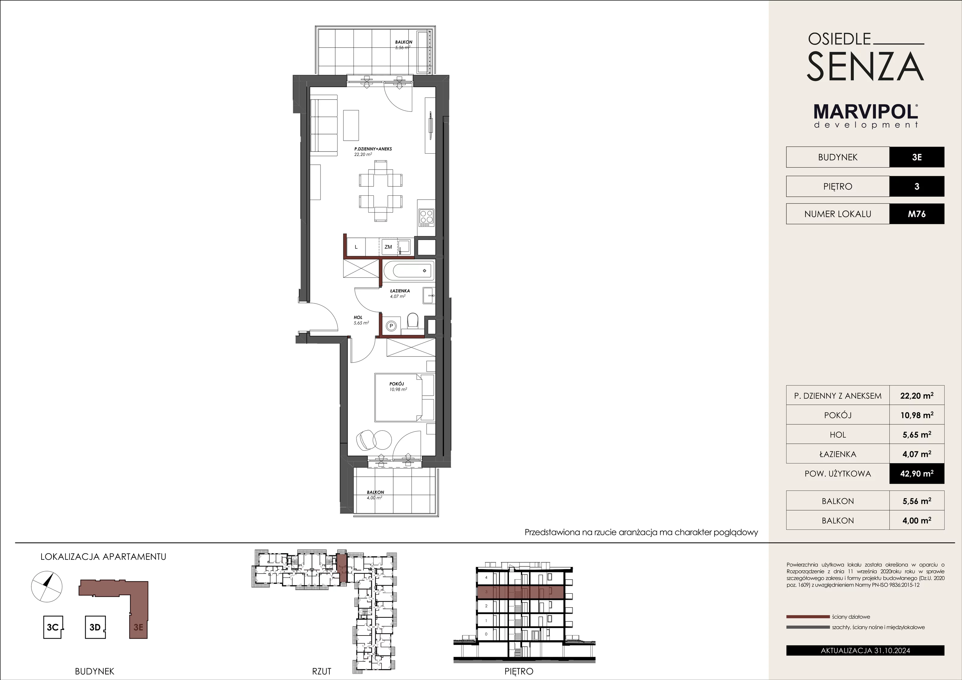 Mieszkanie 42,90 m², piętro 3, oferta nr 3E_M76, Osiedle Senza, Warszawa, Białołęka, Tarchomin, ul. Grzymalitów 3C, 3D, 3E