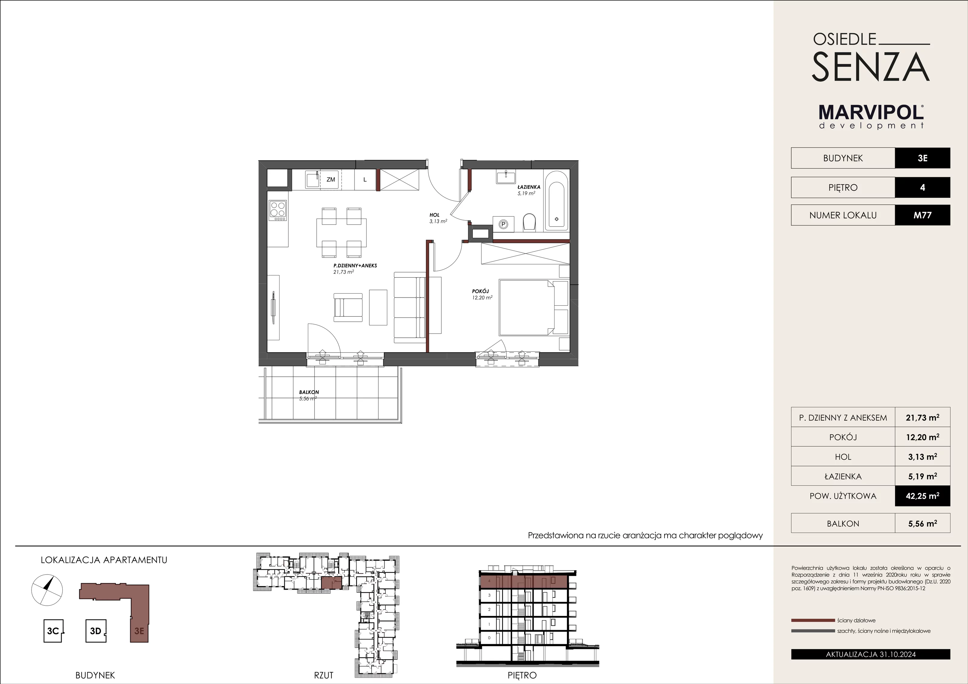 Mieszkanie 42,25 m², piętro 4, oferta nr 3E_M77, Osiedle Senza, Warszawa, Białołęka, Tarchomin, ul. Grzymalitów 3C, 3D, 3E