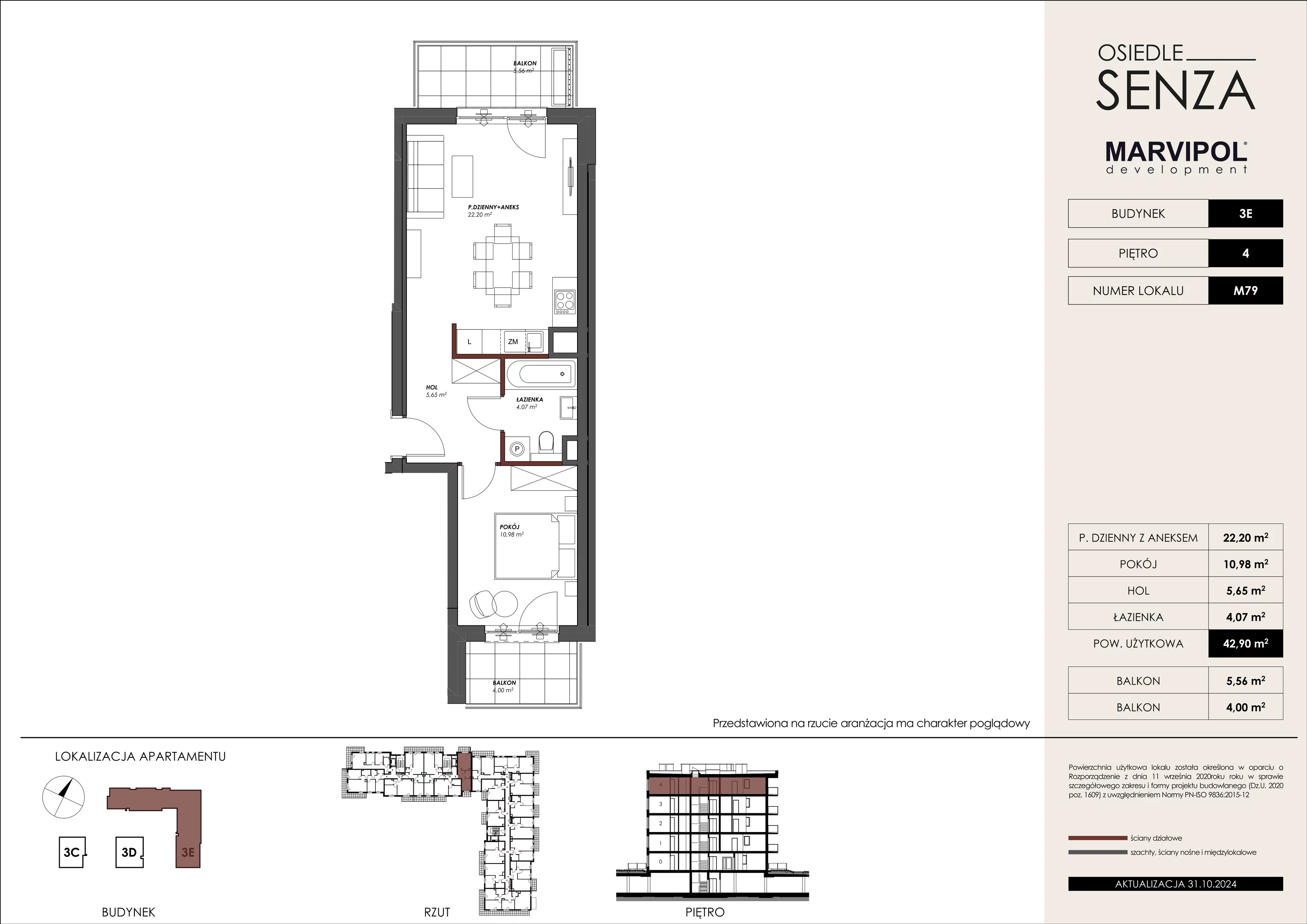 Mieszkanie 42,90 m², piętro 4, oferta nr 3E_M79, Osiedle Senza, Warszawa, Białołęka, Tarchomin, ul. Grzymalitów 3C, 3D, 3E