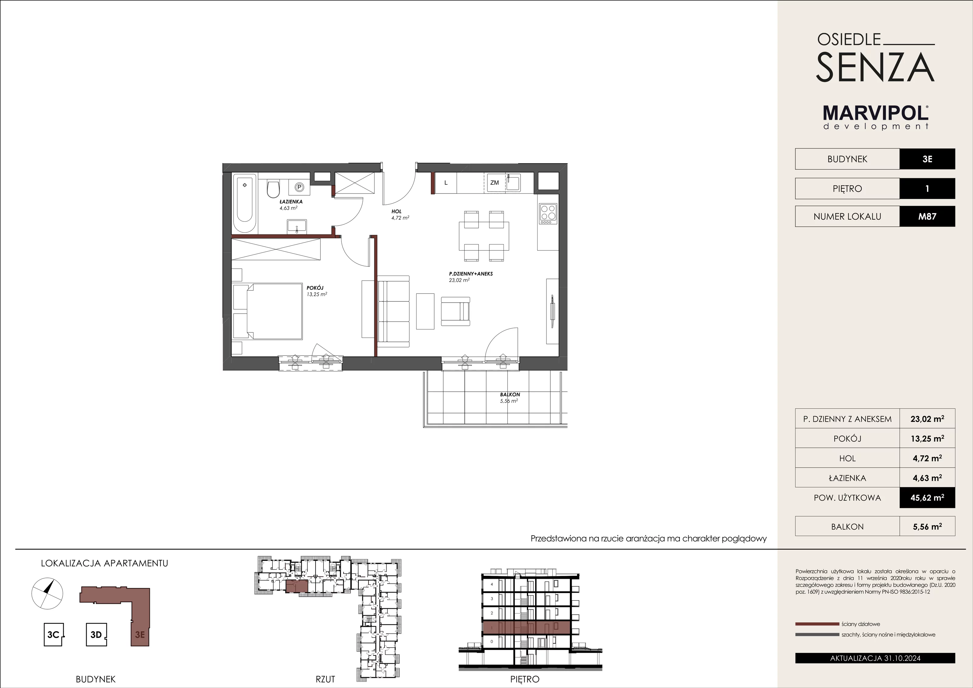 Mieszkanie 45,62 m², piętro 1, oferta nr 3E_M87, Osiedle Senza, Warszawa, Białołęka, Tarchomin, ul. Grzymalitów 3C, 3D, 3E