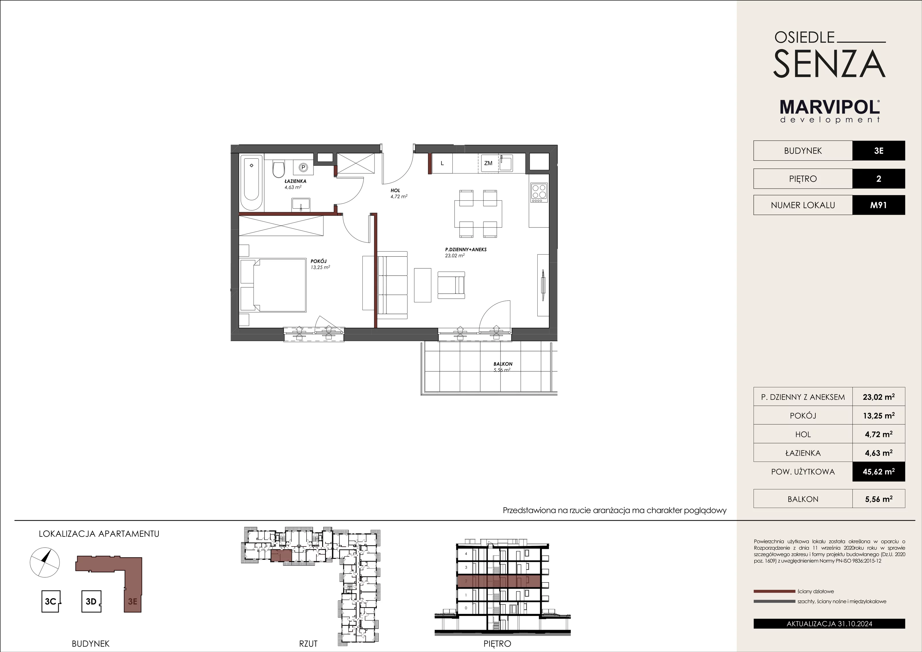 Mieszkanie 45,62 m², piętro 2, oferta nr 3E_M91, Osiedle Senza, Warszawa, Białołęka, Tarchomin, ul. Grzymalitów 3C, 3D, 3E