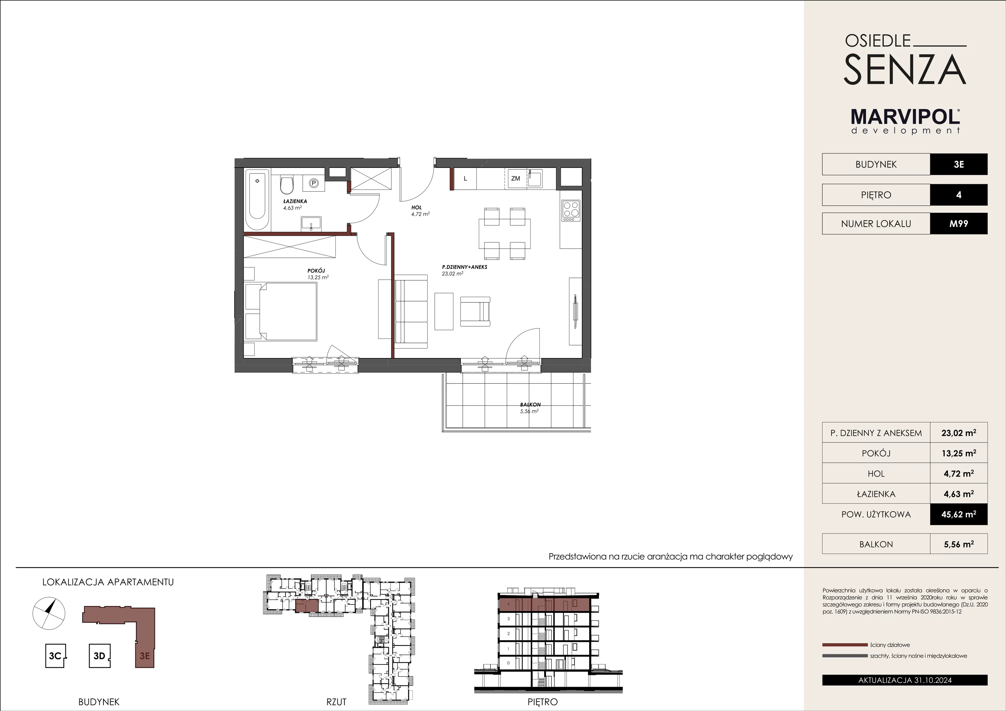 Mieszkanie 45,62 m², piętro 4, oferta nr 3E_M99, Osiedle Senza, Warszawa, Białołęka, Tarchomin, ul. Grzymalitów 3C, 3D, 3E