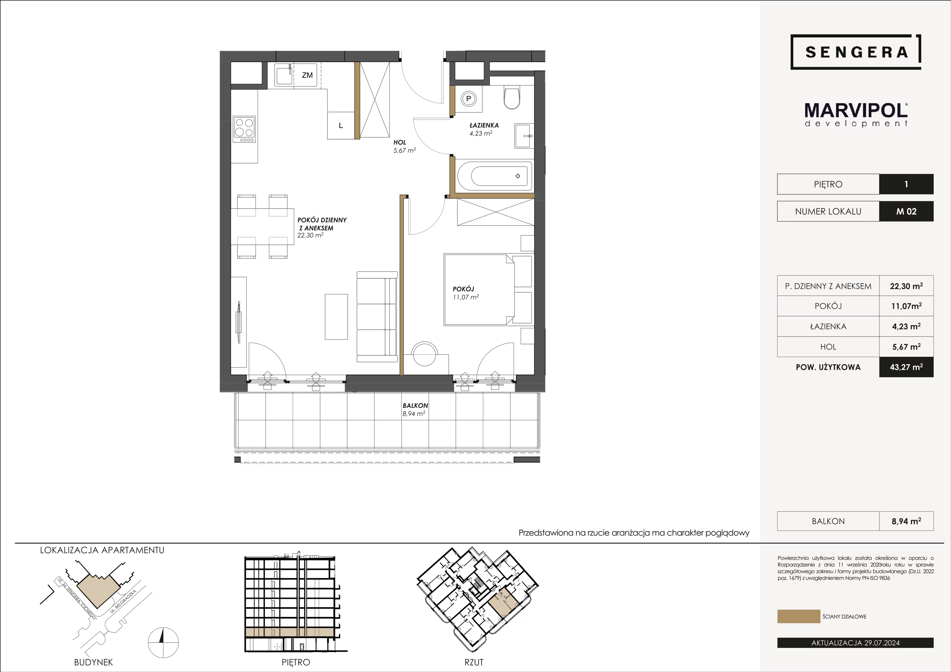 Mieszkanie 43,27 m², piętro 1, oferta nr M02, Sengera 1, Warszawa, Ursynów, Natolin, ul. Mariana Sengera „Cichego” 1