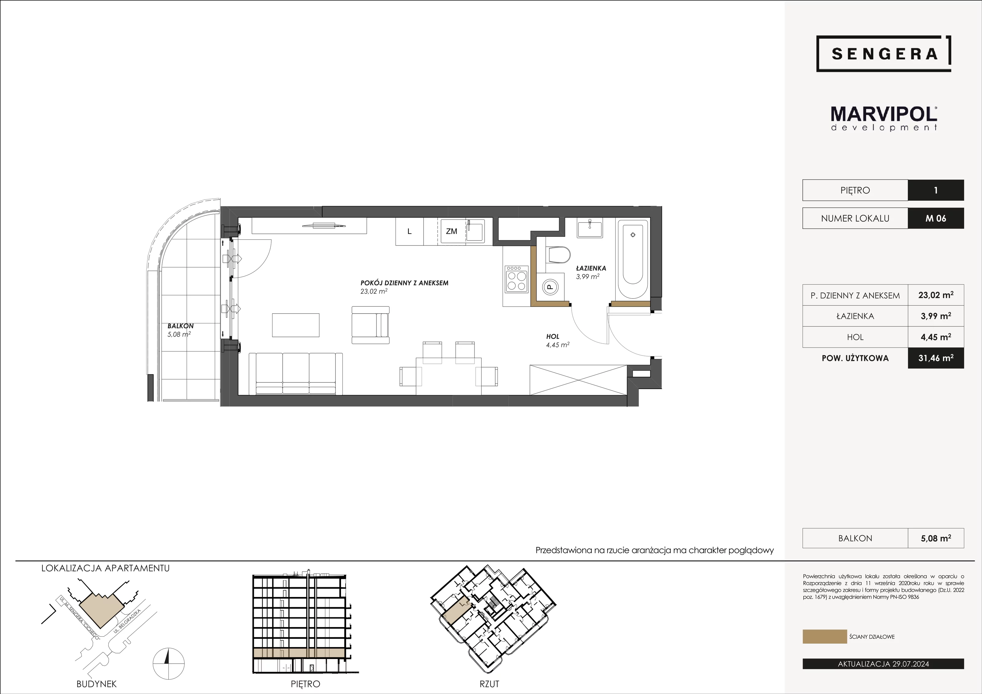 Mieszkanie 31,46 m², piętro 1, oferta nr M06, Sengera 1, Warszawa, Ursynów, Natolin, ul. Mariana Sengera „Cichego” 1