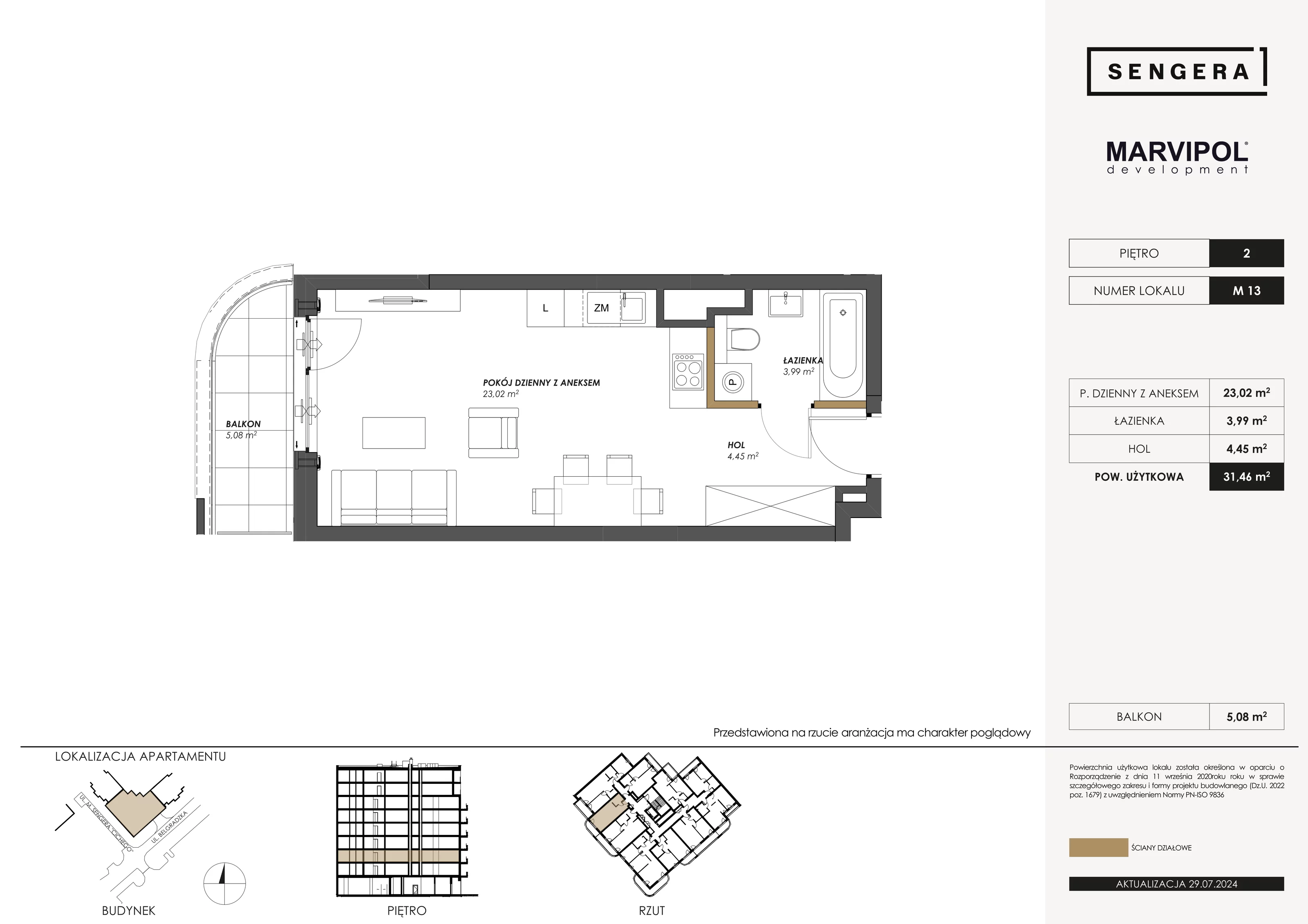 Mieszkanie 31,46 m², piętro 2, oferta nr M13, Sengera 1, Warszawa, Ursynów, Natolin, ul. Mariana Sengera „Cichego” 1