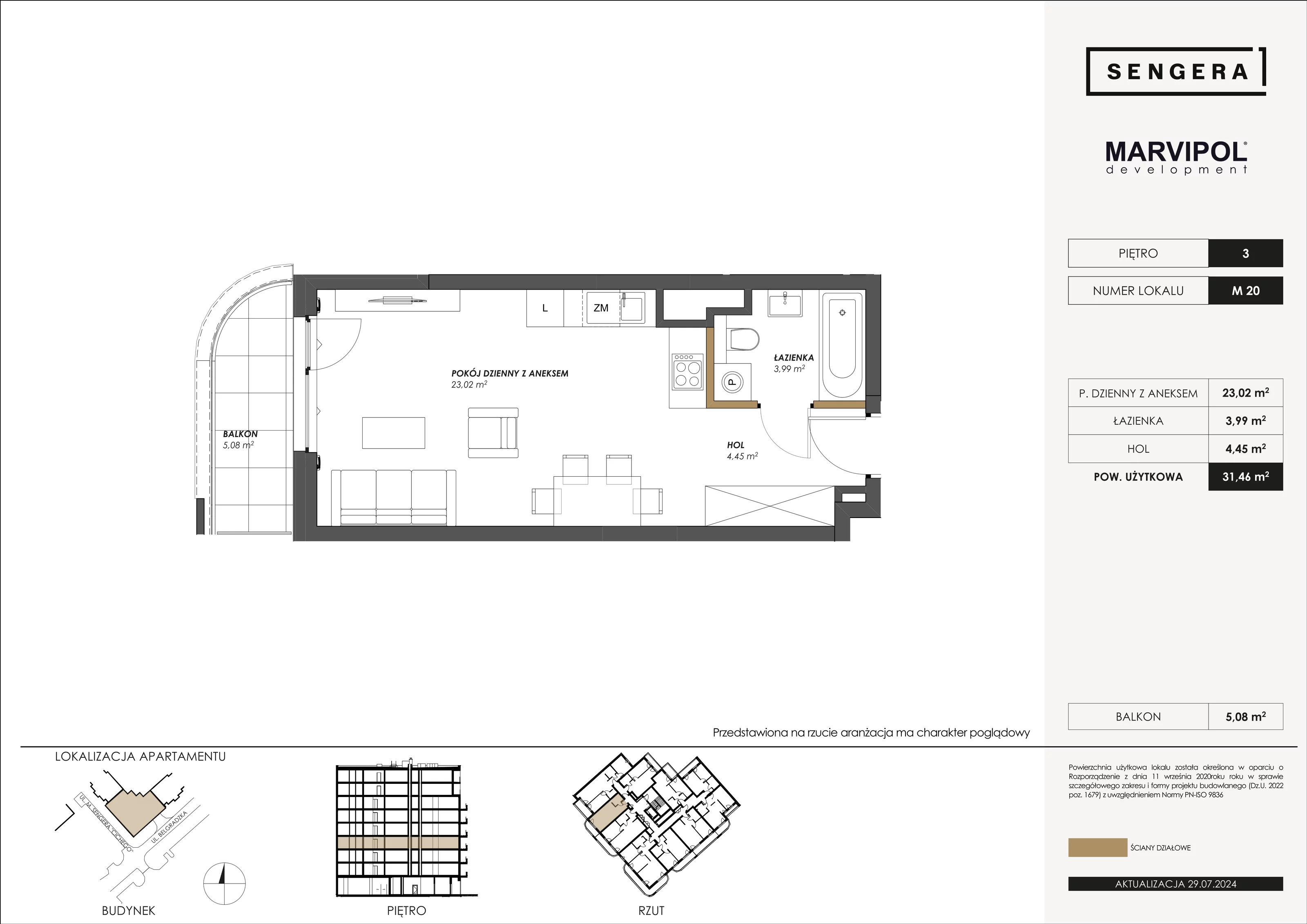 Mieszkanie 31,46 m², piętro 3, oferta nr M20, Sengera 1, Warszawa, Ursynów, Natolin, ul. Mariana Sengera „Cichego” 1