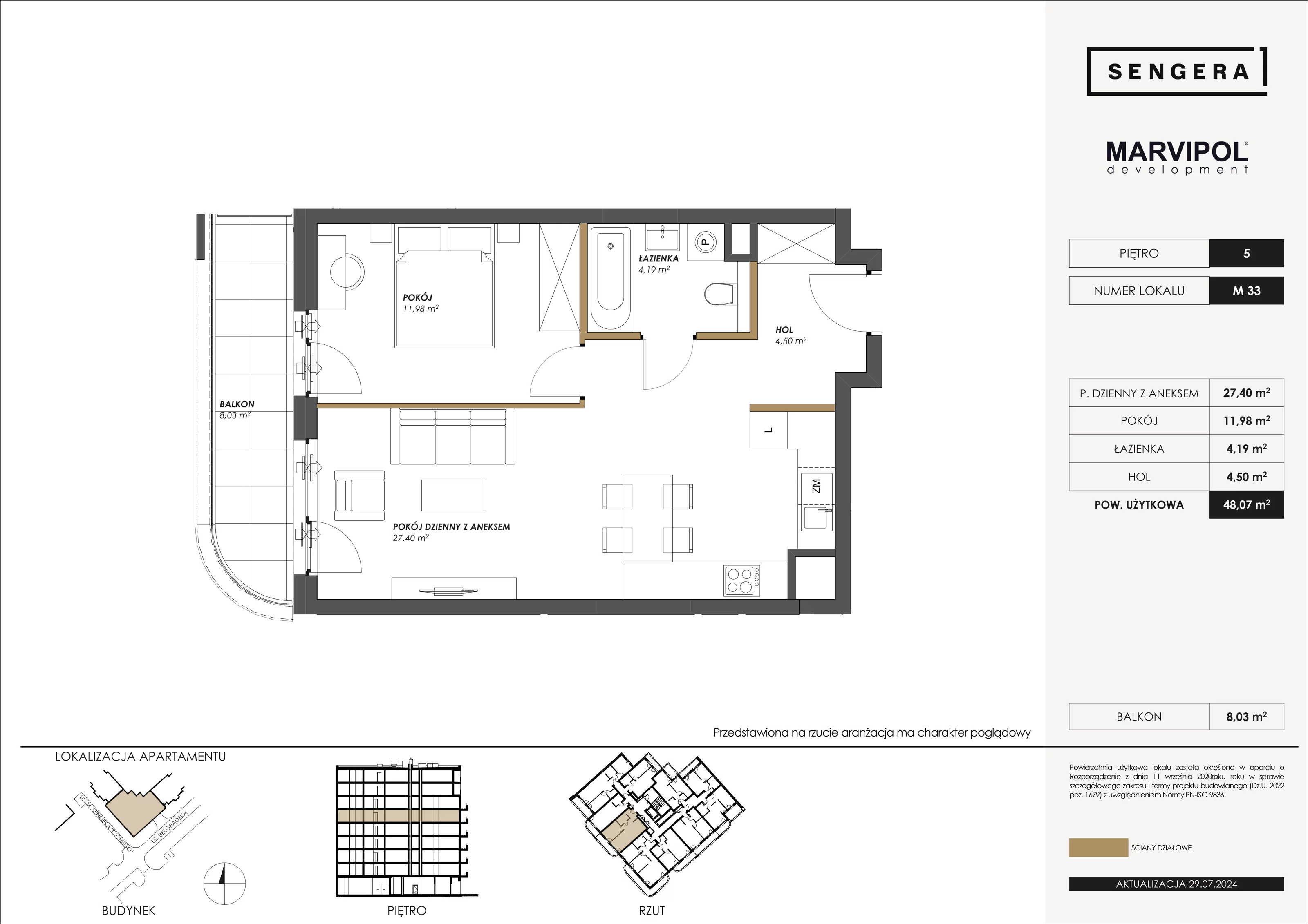 Mieszkanie 48,07 m², piętro 5, oferta nr M33, Sengera 1, Warszawa, Ursynów, Natolin, ul. Mariana Sengera „Cichego” 1