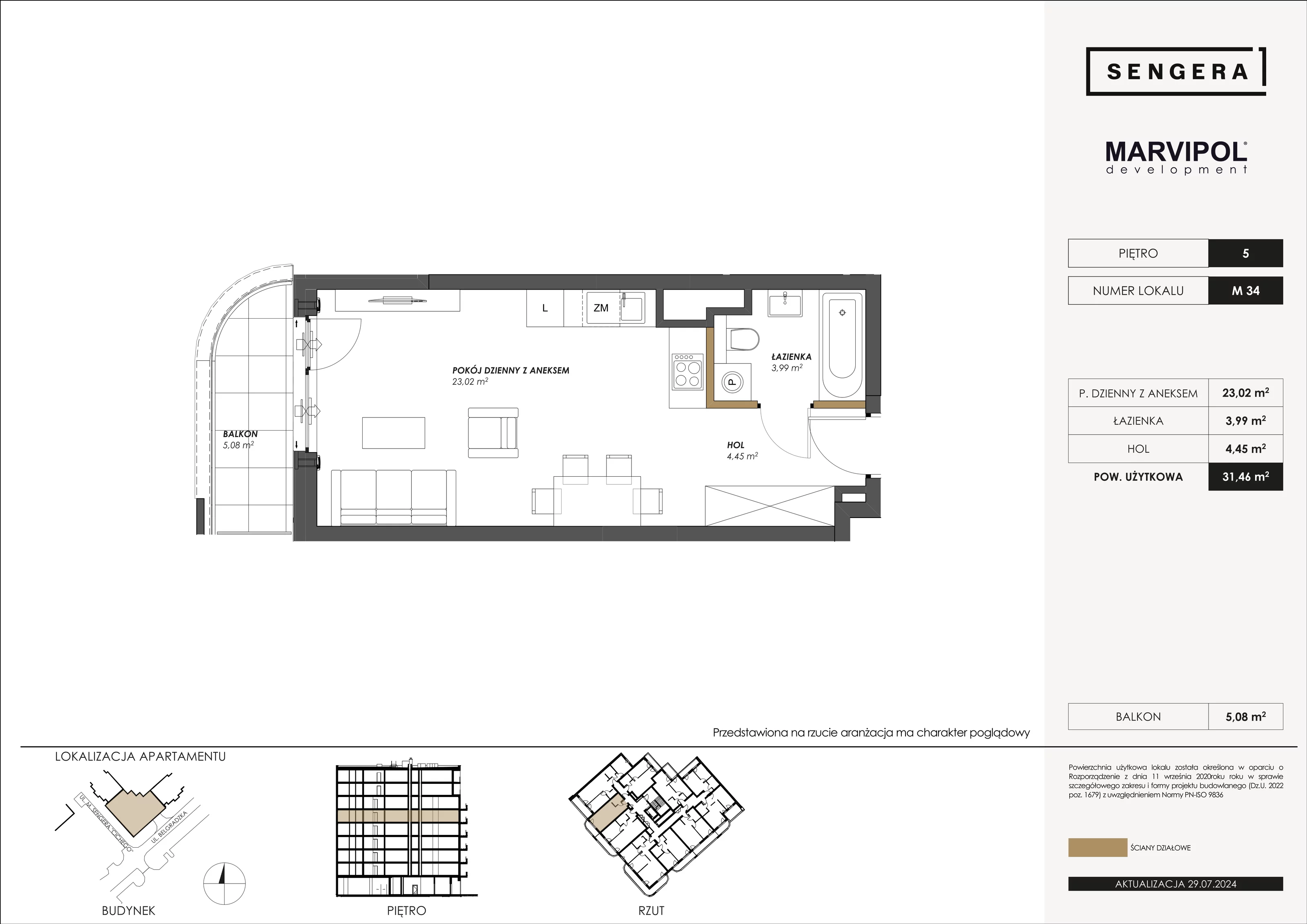 Mieszkanie 31,46 m², piętro 5, oferta nr M34, Sengera 1, Warszawa, Ursynów, Natolin, ul. Mariana Sengera „Cichego” 1