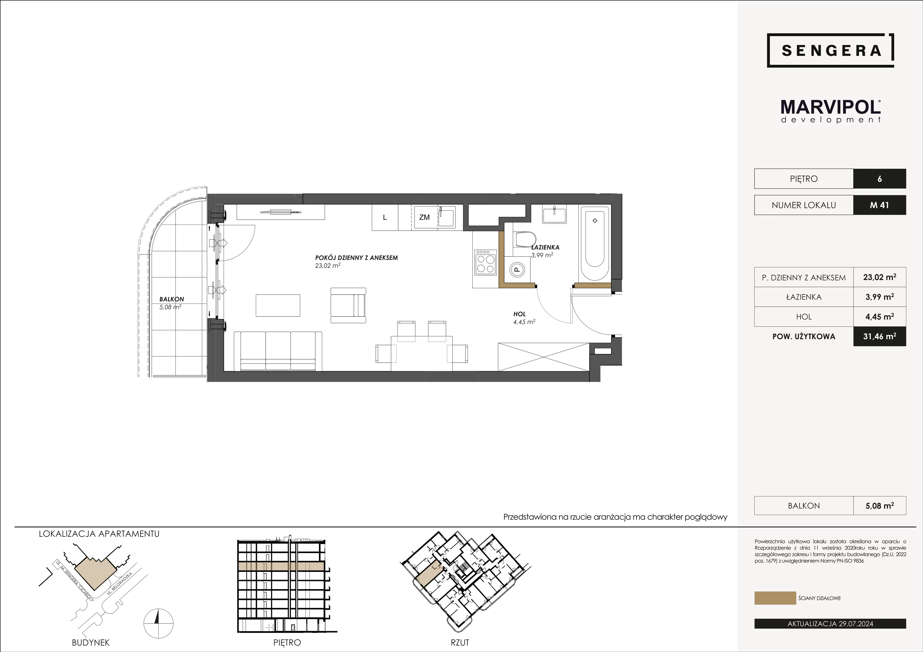 Mieszkanie 31,46 m², piętro 6, oferta nr M41, Sengera 1, Warszawa, Ursynów, Natolin, ul. Mariana Sengera „Cichego” 1