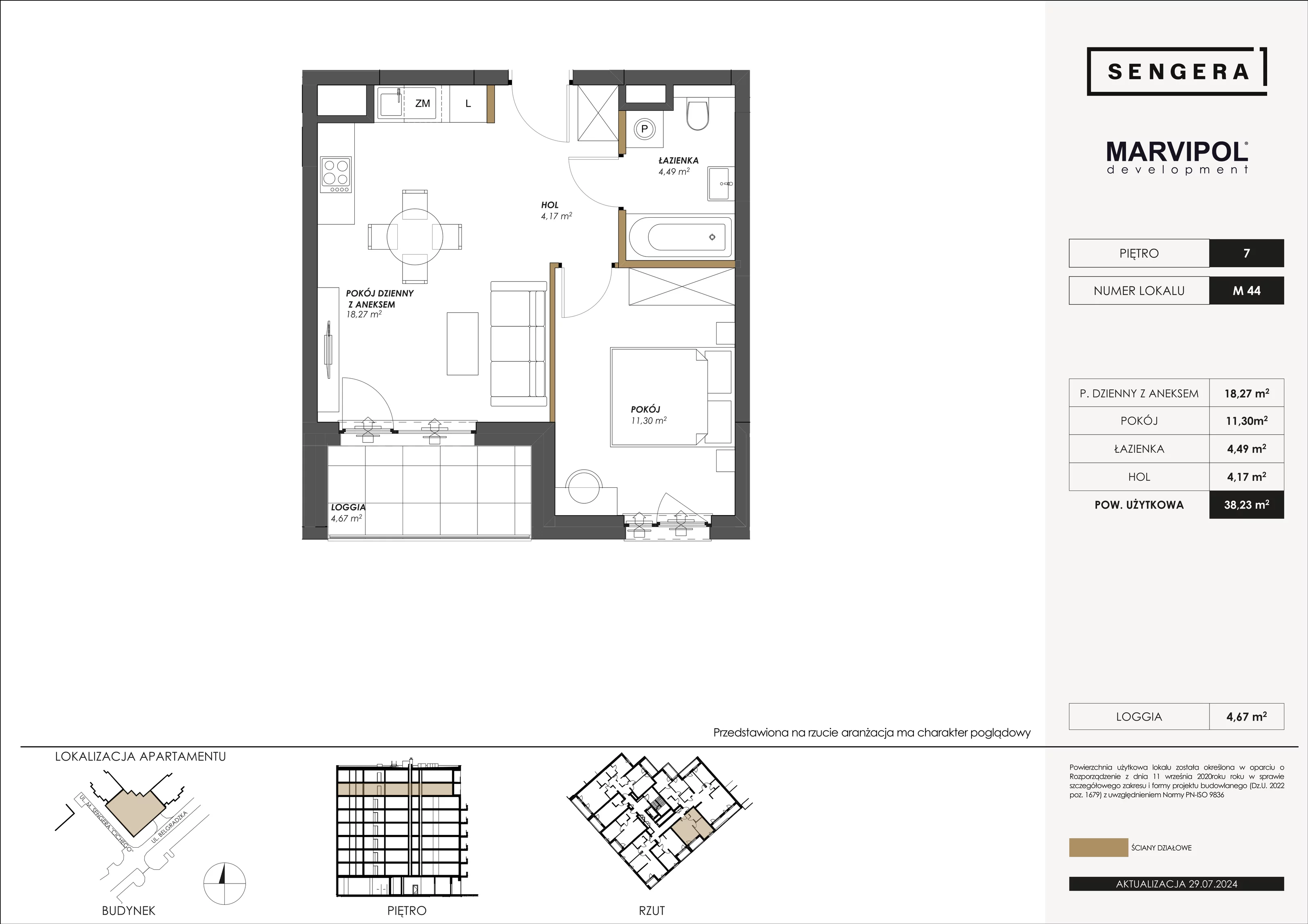 Mieszkanie 38,23 m², piętro 7, oferta nr M44, Sengera 1, Warszawa, Ursynów, Natolin, ul. Mariana Sengera „Cichego” 1