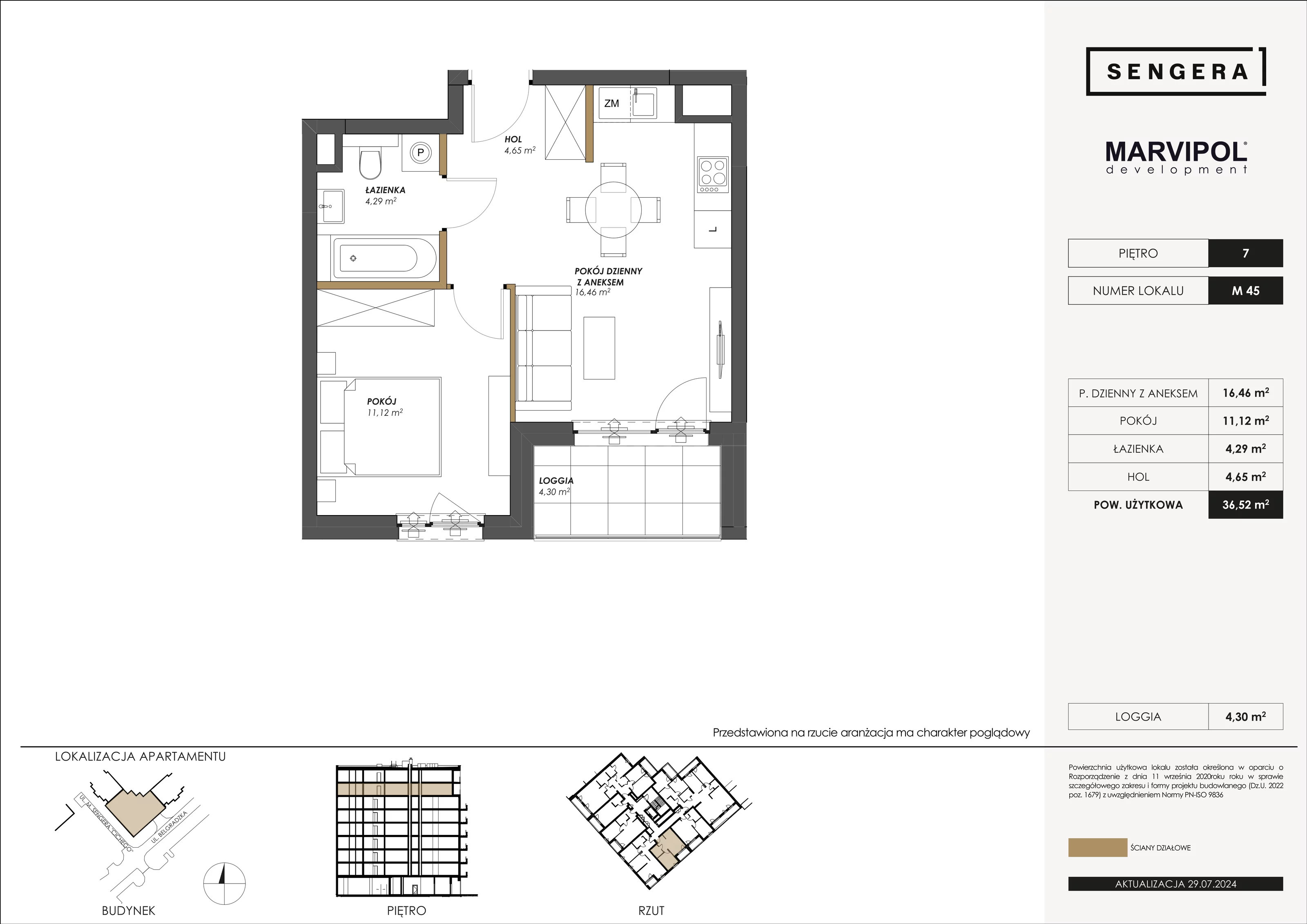 Mieszkanie 36,52 m², piętro 7, oferta nr M45, Sengera 1, Warszawa, Ursynów, Natolin, ul. Mariana Sengera „Cichego” 1