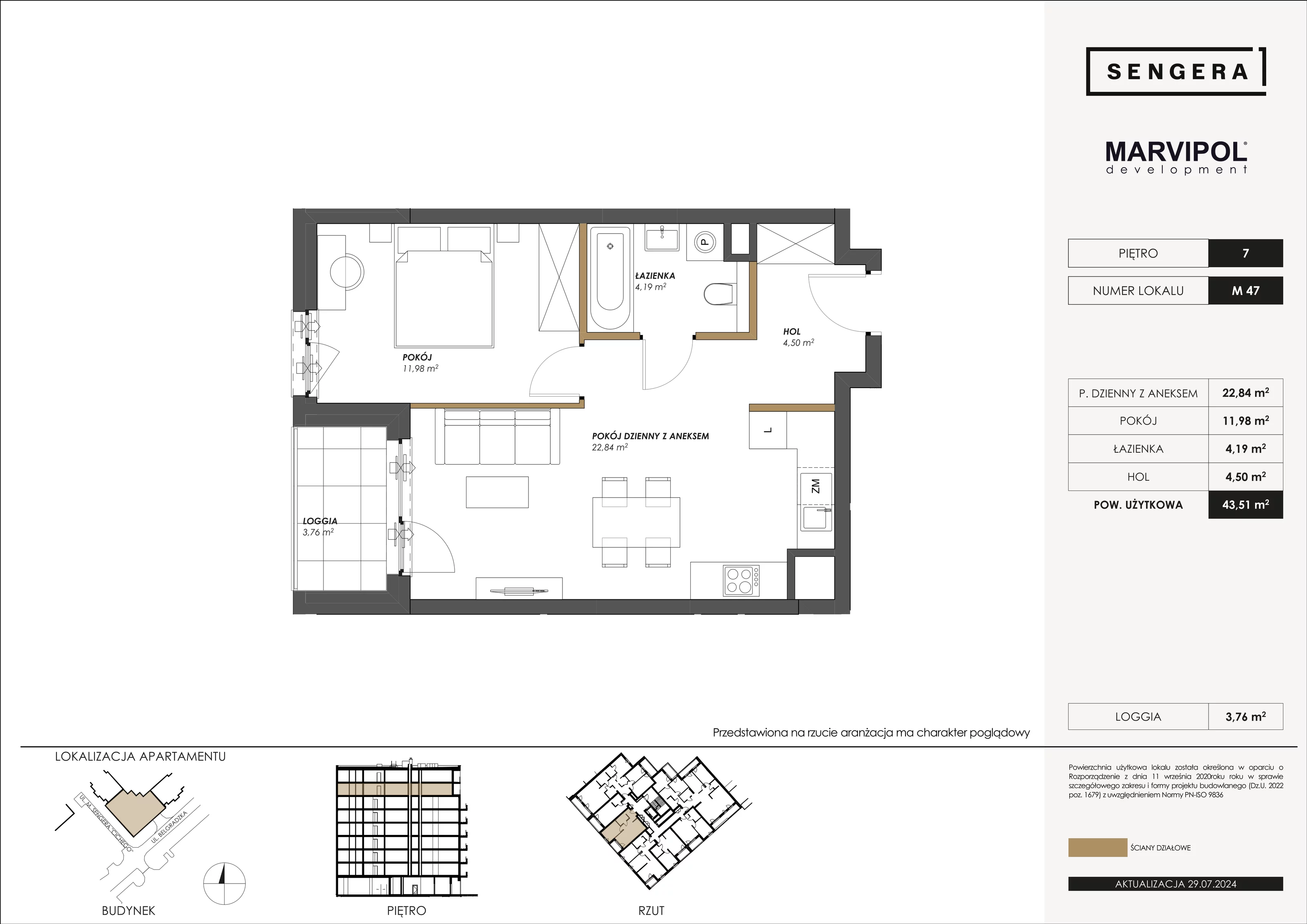 Mieszkanie 43,51 m², piętro 7, oferta nr M47, Sengera 1, Warszawa, Ursynów, Natolin, ul. Mariana Sengera „Cichego” 1