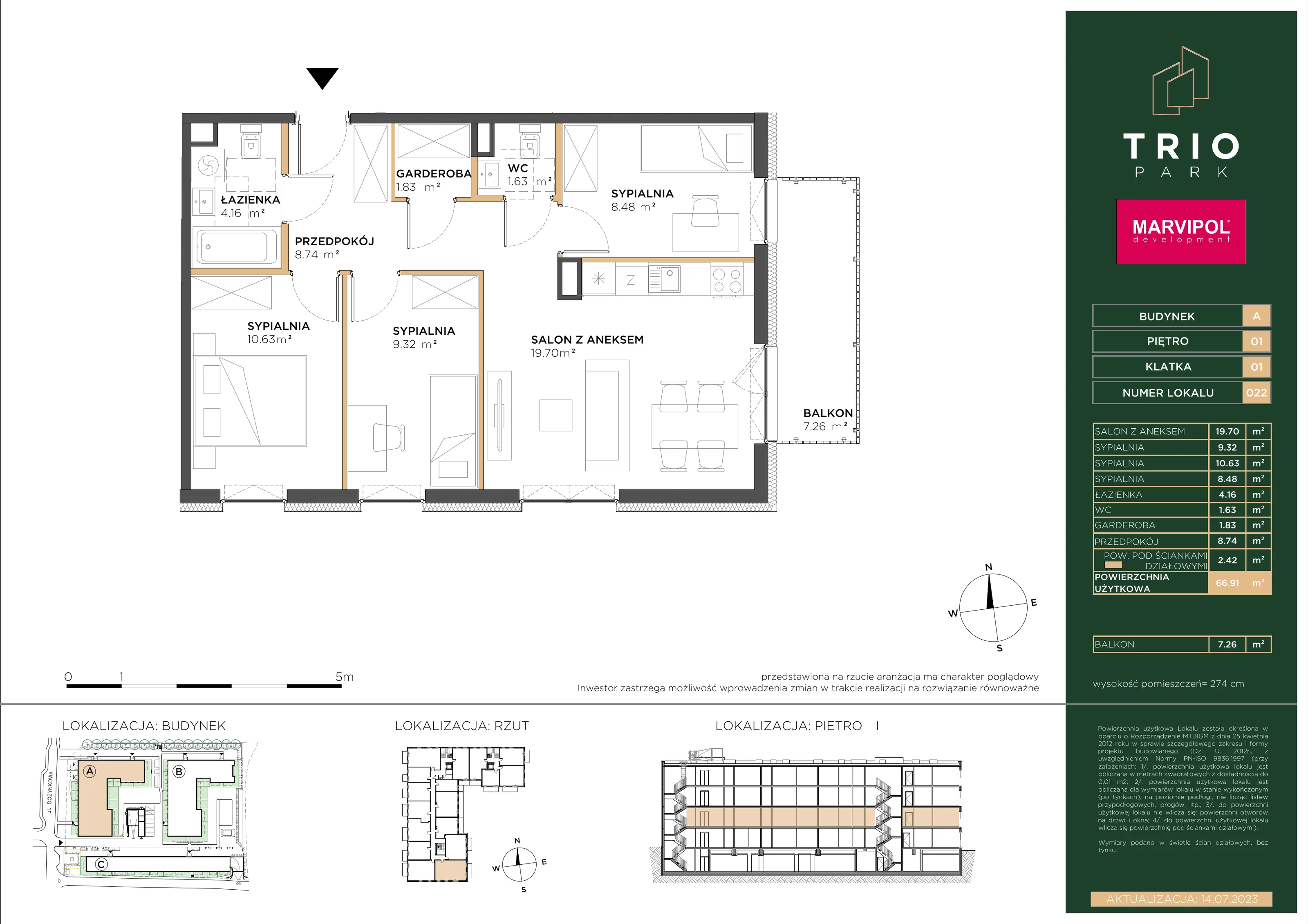 Mieszkanie 66,91 m², piętro 1, oferta nr A022, Trio Park, Wrocław, Klecina, Krzyki, ul. Dożynkowa