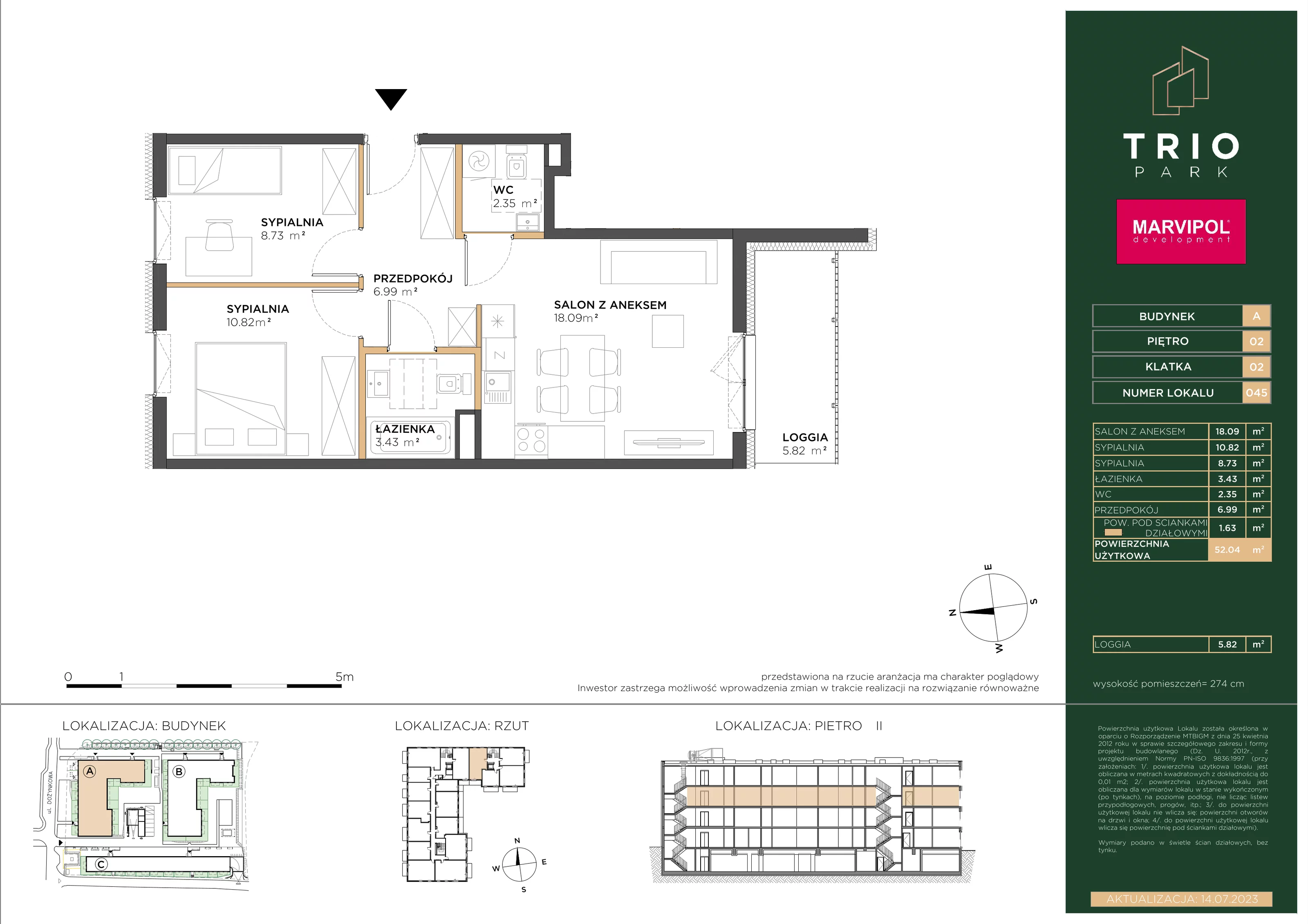 Mieszkanie 52,04 m², piętro 2, oferta nr A045, Trio Park, Wrocław, Klecina, Krzyki, ul. Dożynkowa