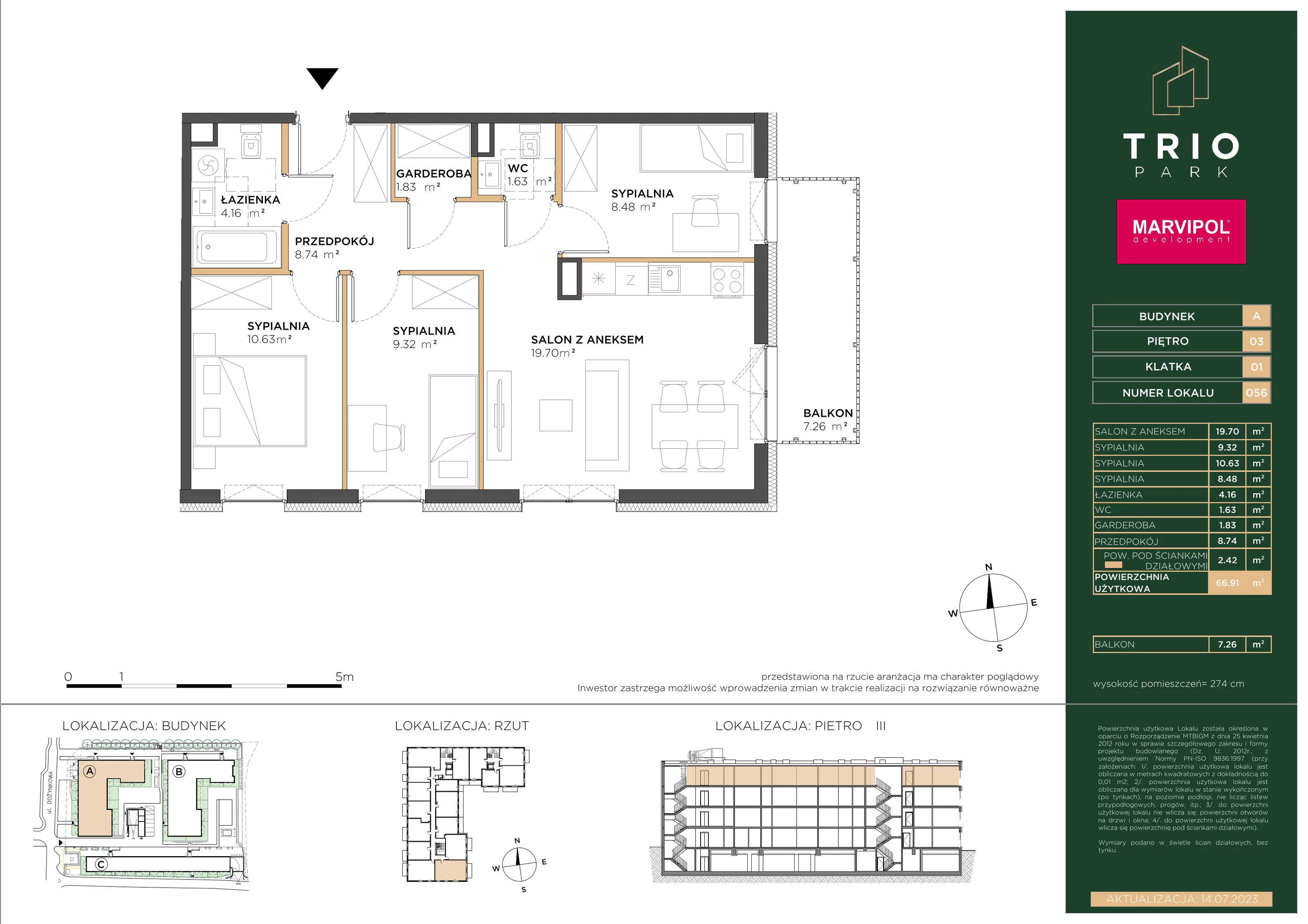 Mieszkanie 66,91 m², piętro 3, oferta nr A056, Trio Park, Wrocław, Klecina, Krzyki, ul. Dożynkowa