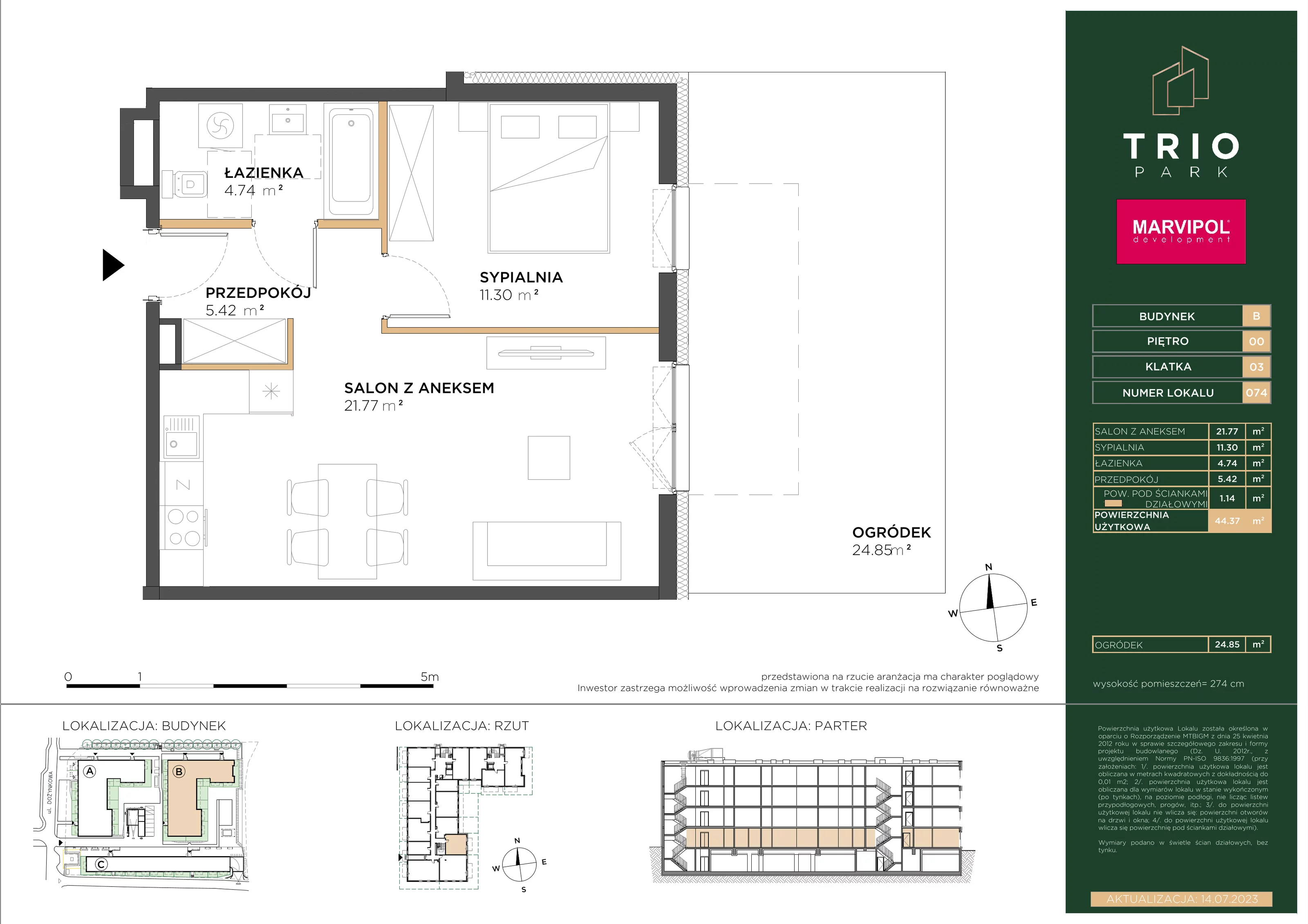 Mieszkanie 44,37 m², parter, oferta nr B074, Trio Park, Wrocław, Klecina, Krzyki, ul. Dożynkowa