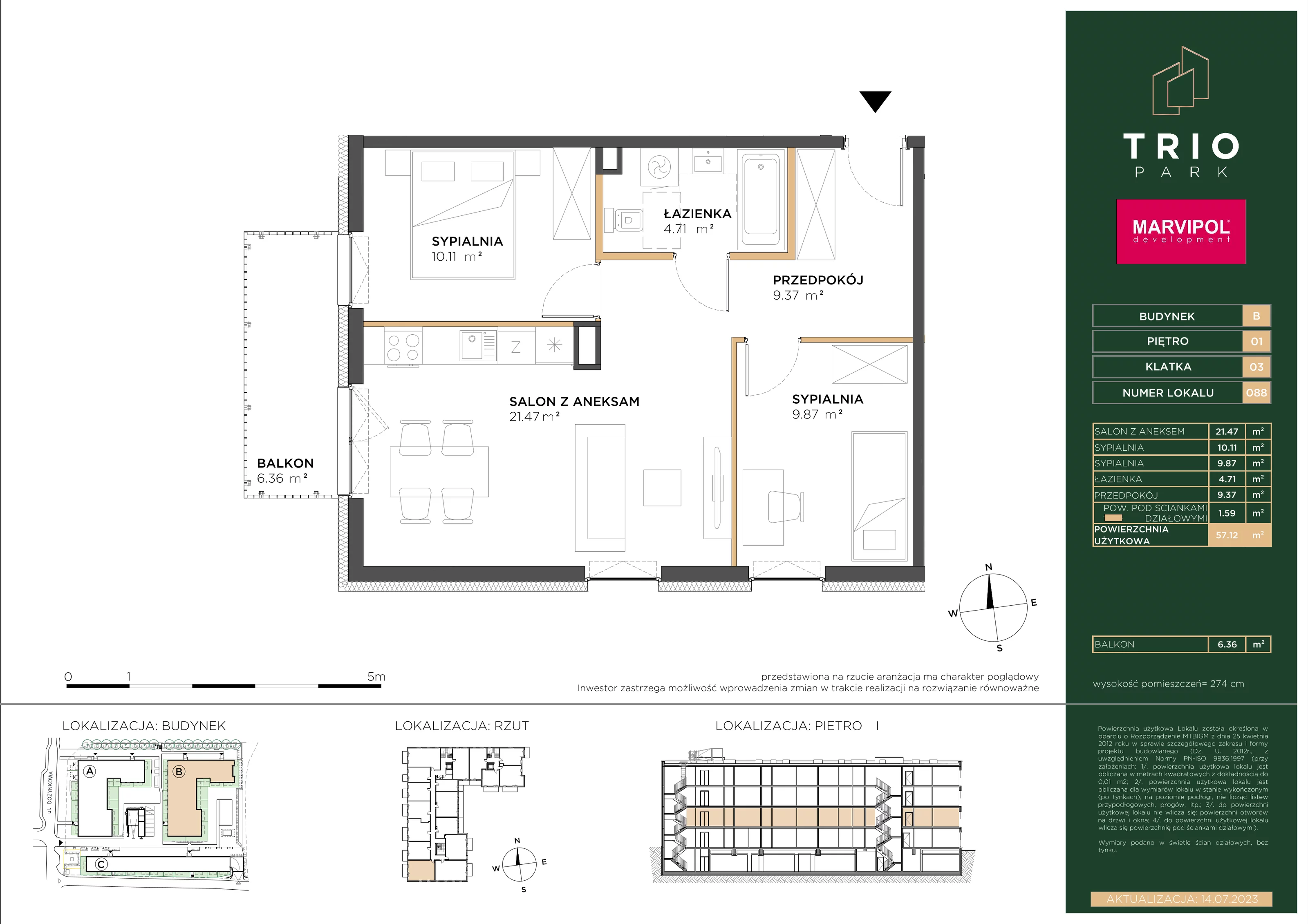 Mieszkanie 57,12 m², piętro 1, oferta nr B088, Trio Park, Wrocław, Klecina, Krzyki, ul. Dożynkowa