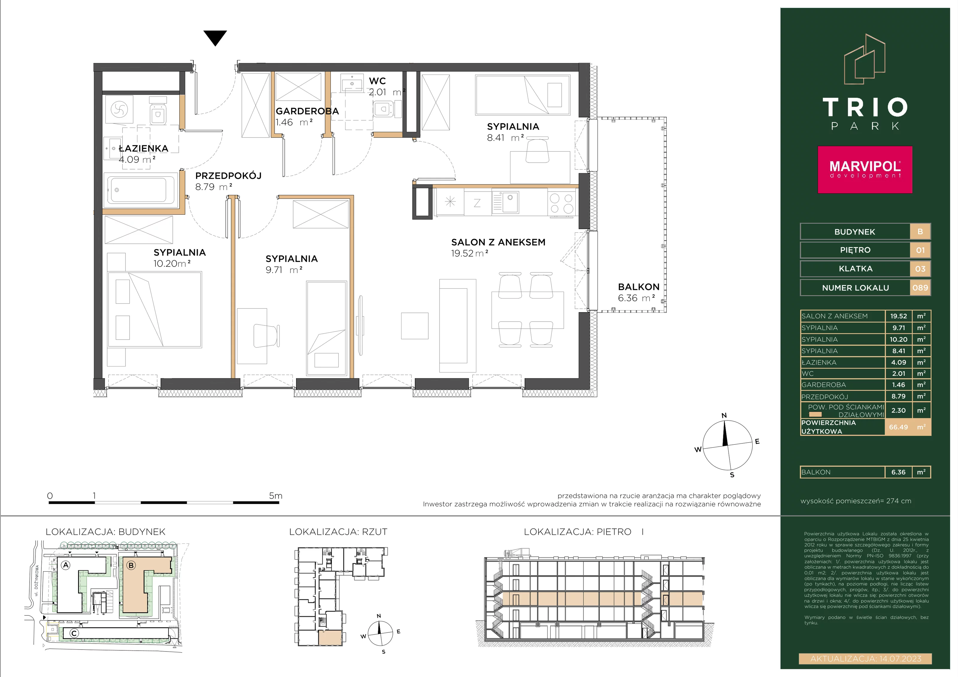 Mieszkanie 66,49 m², piętro 1, oferta nr B089, Trio Park, Wrocław, Klecina, Krzyki, ul. Dożynkowa