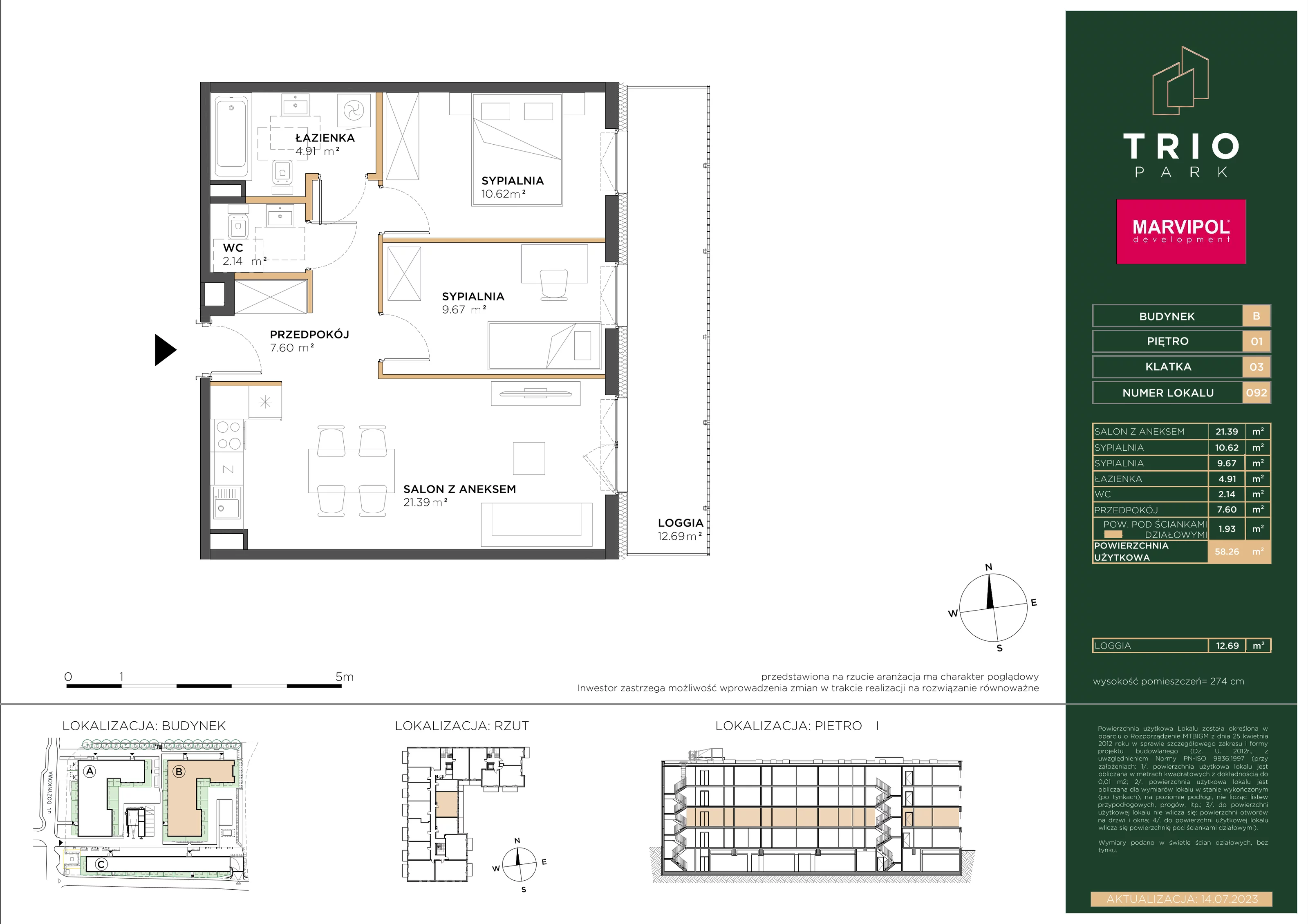 Mieszkanie 58,26 m², piętro 1, oferta nr B092, Trio Park, Wrocław, Klecina, Krzyki, ul. Dożynkowa