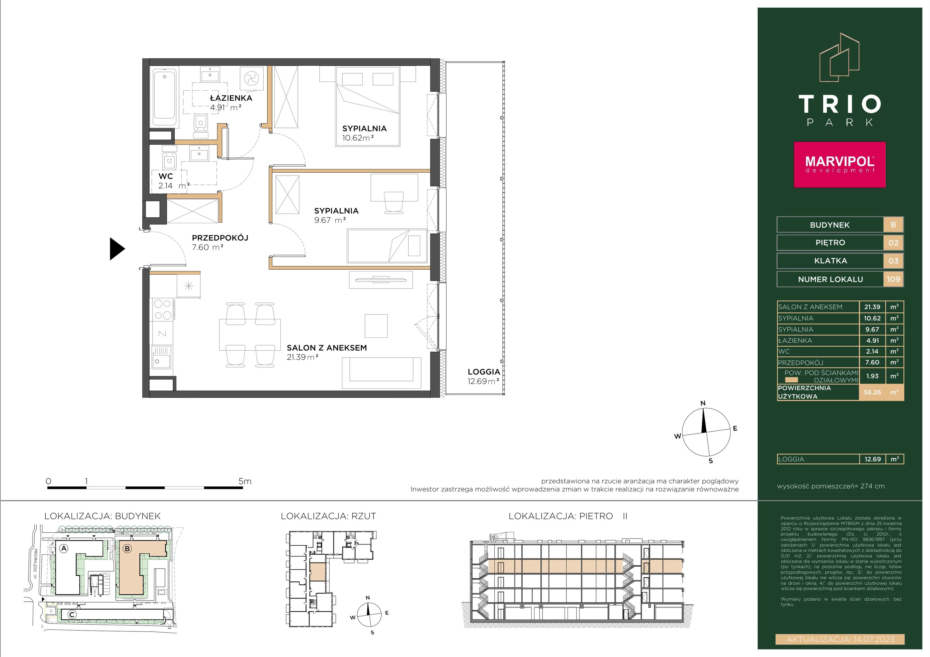 Mieszkanie 58,26 m², piętro 2, oferta nr B109, Trio Park, Wrocław, Klecina, Krzyki, ul. Dożynkowa